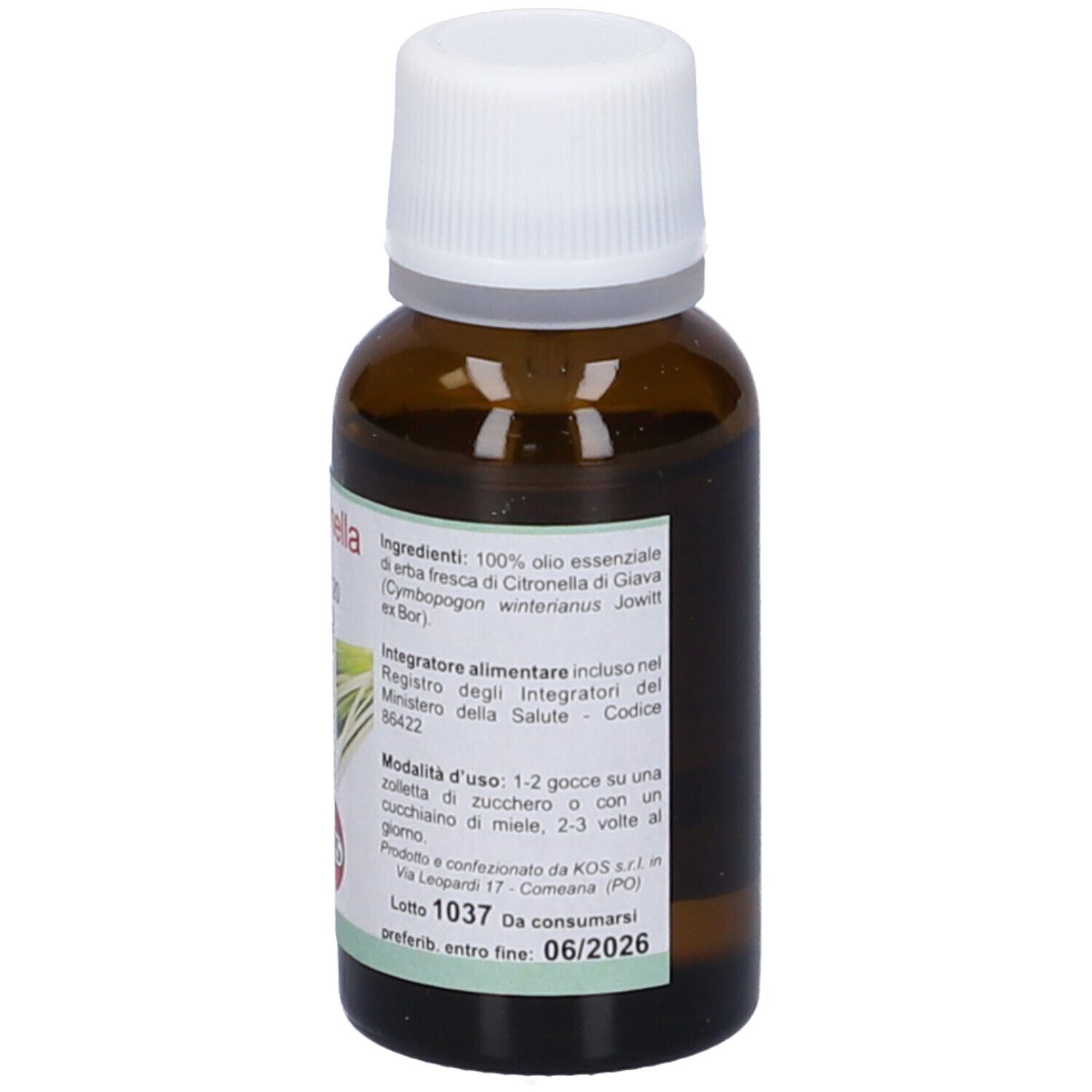 Flacone in vetro marrone con tappo bianco. Etichetta con nome prodotto, immagine citronella e testo. Testo: ml 20, Olio essenziale.