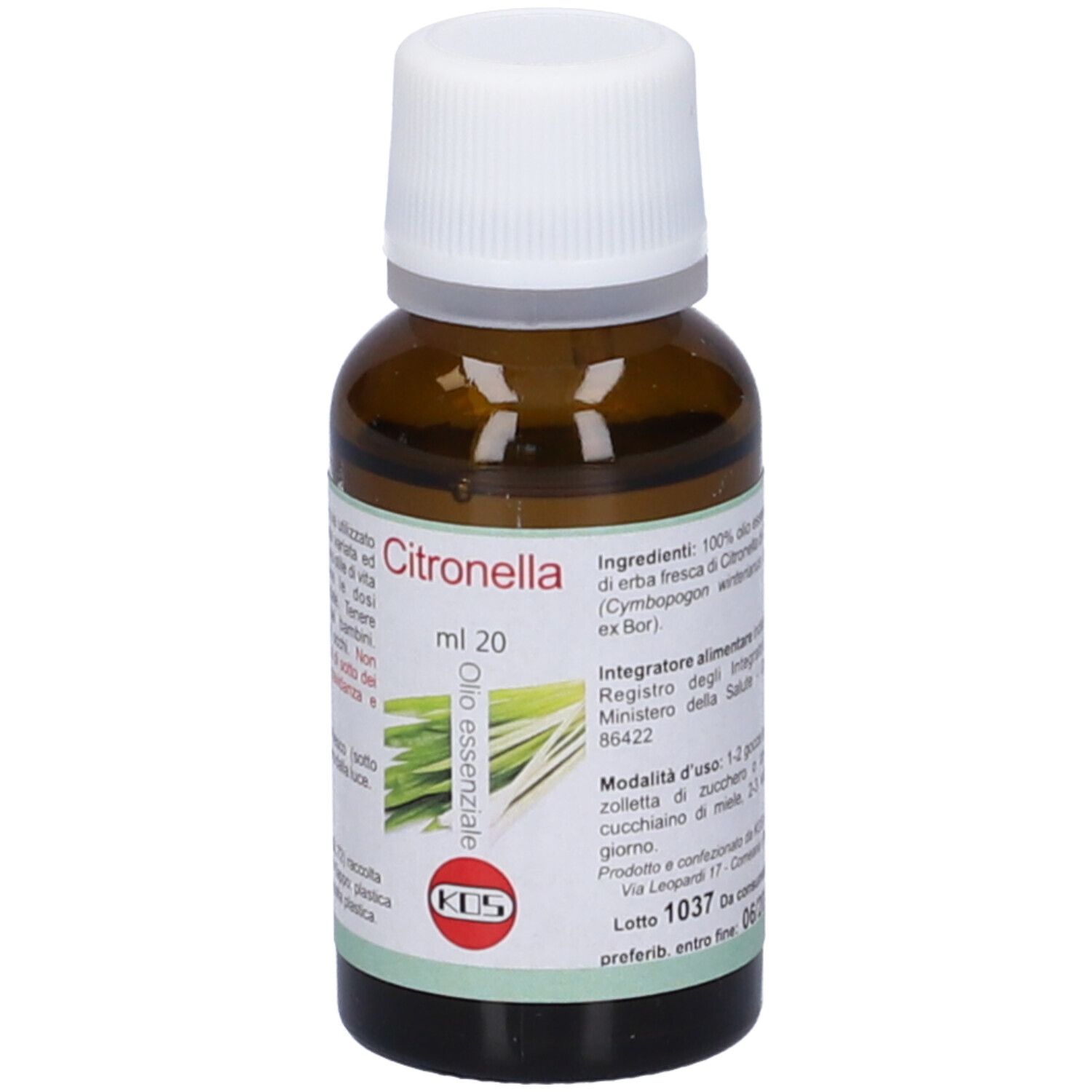 Flacone in vetro marrone con tappo bianco. Etichetta con nome prodotto, immagine citronella e testo. Testo: ml 20, Olio essenziale.