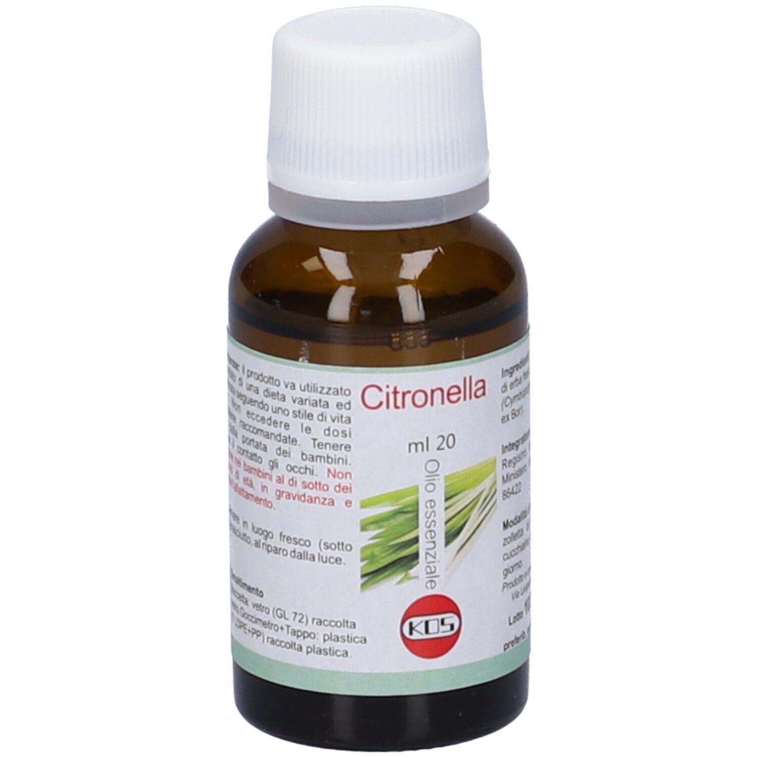 Flacone in vetro marrone con tappo bianco. Etichetta con nome prodotto, immagine citronella e testo. Testo: ml 20, Olio essenziale.