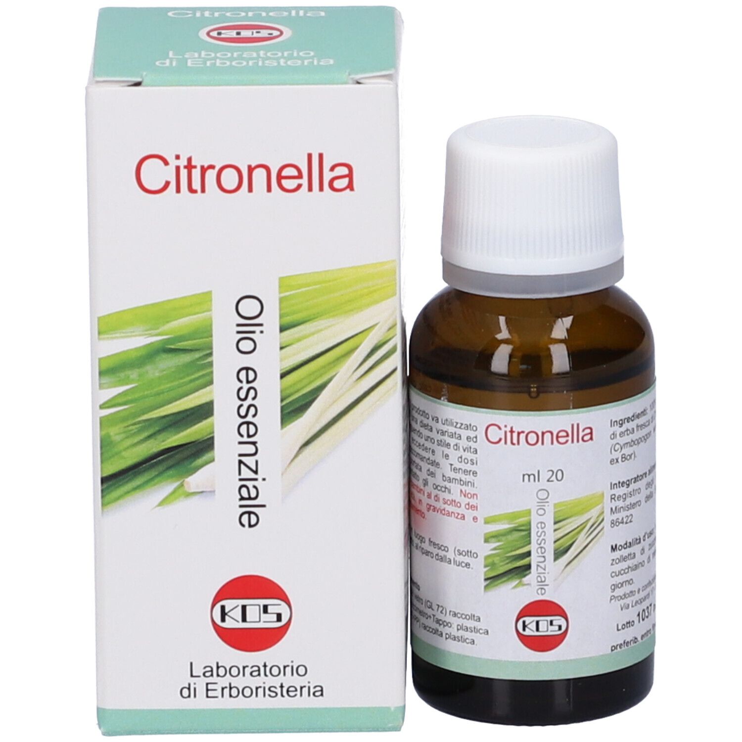 Flacone e scatola. Flacone in vetro marrone con tappo bianco. Scatola con nome prodotto e immagine citronella. Testo: Olio essenziale.