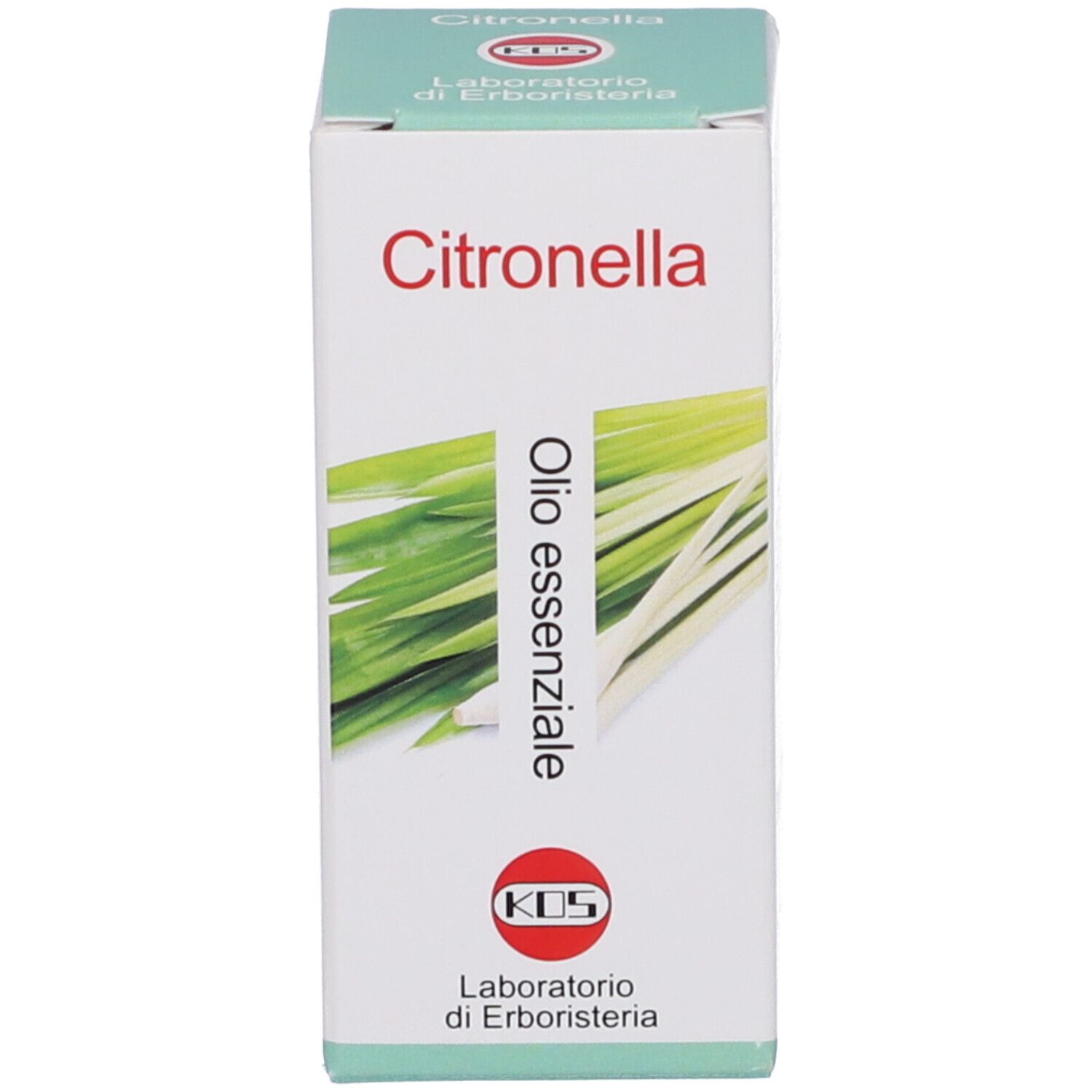 Scatola con nome prodotto e immagine citronella. Testo: Olio essenziale. Logo KOS.