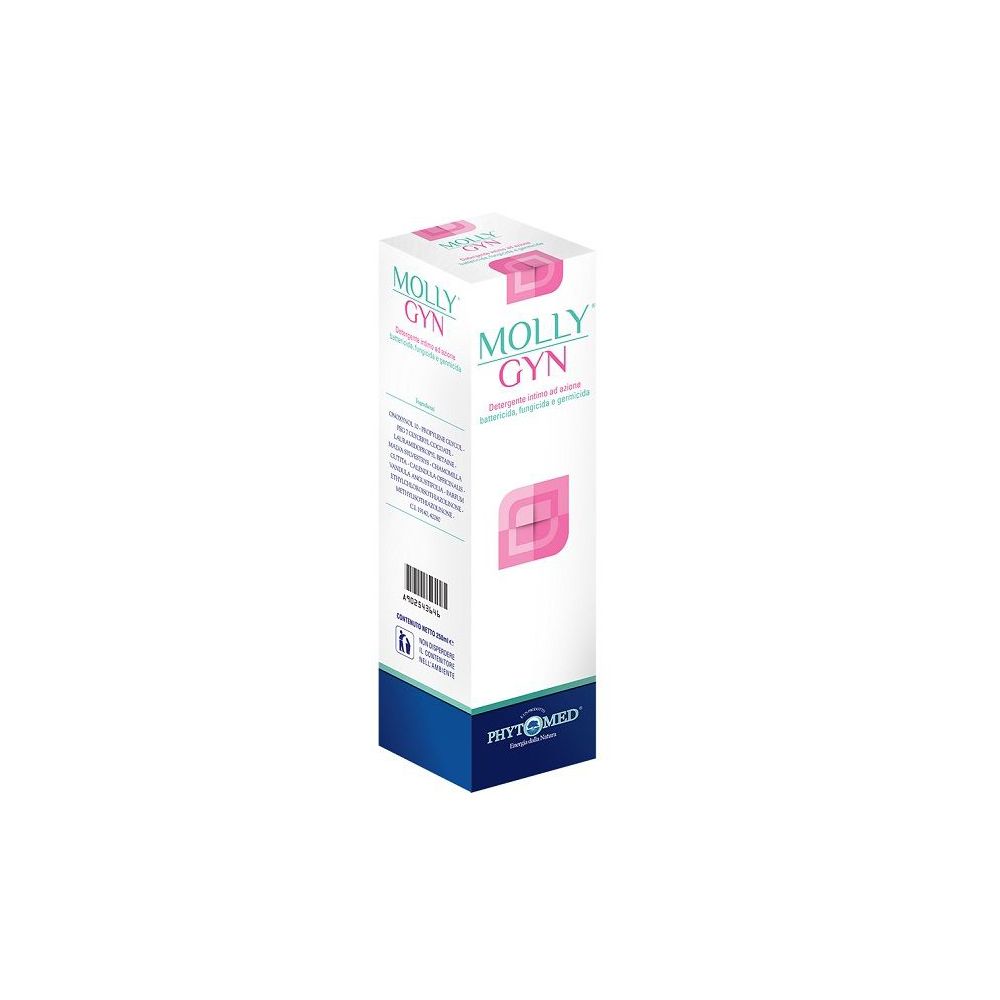 Scatola bianca con scritta rosa e verde MOLLY GYN. Base blu con logo. Nome del prodotto e logo.