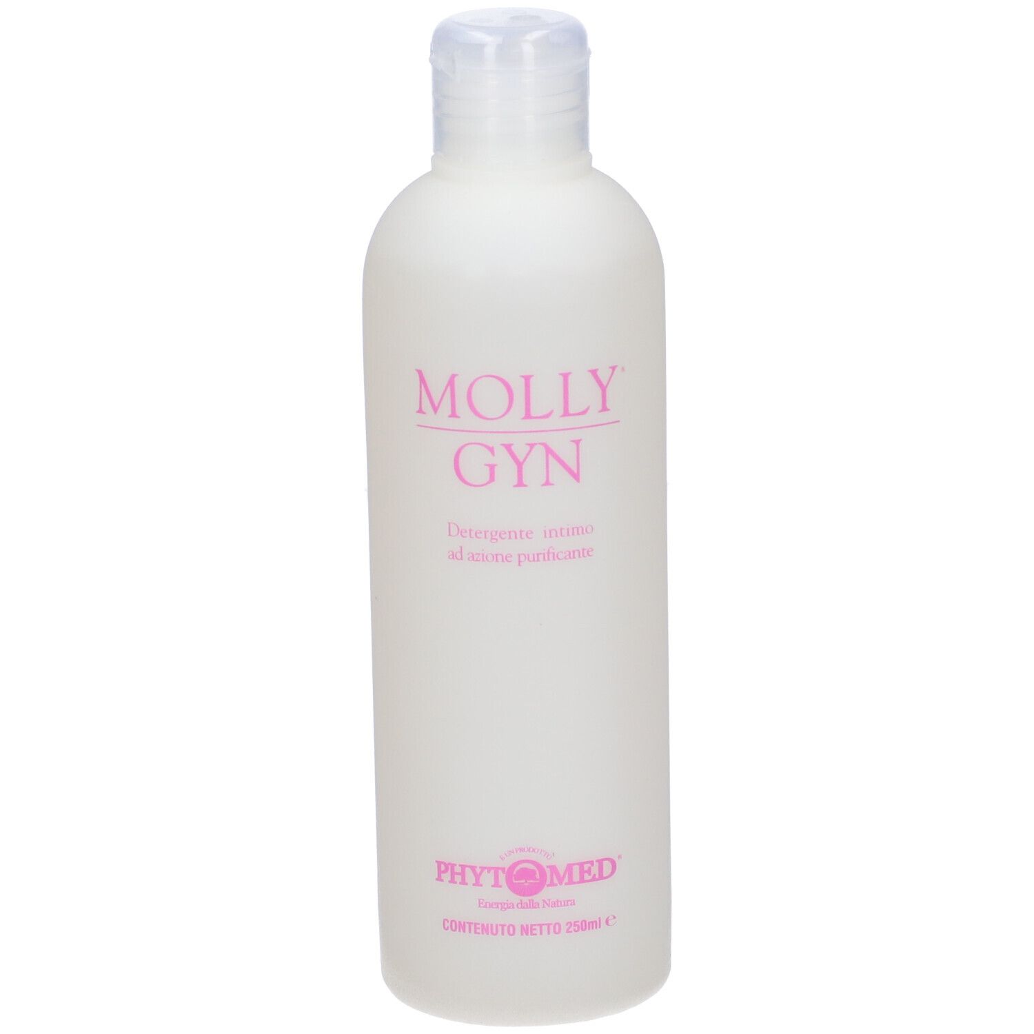 Flacone bianco con scritta rosa MOLLY GYN. Tappo trasparente. Nome del prodotto e logo.