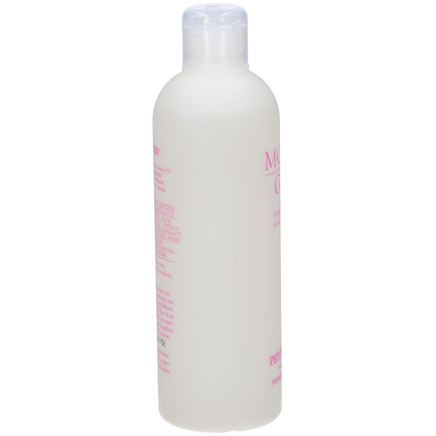 Flacone bianco con scritta rosa MOLLY GYN. Tappo trasparente. Nome del prodotto e logo.