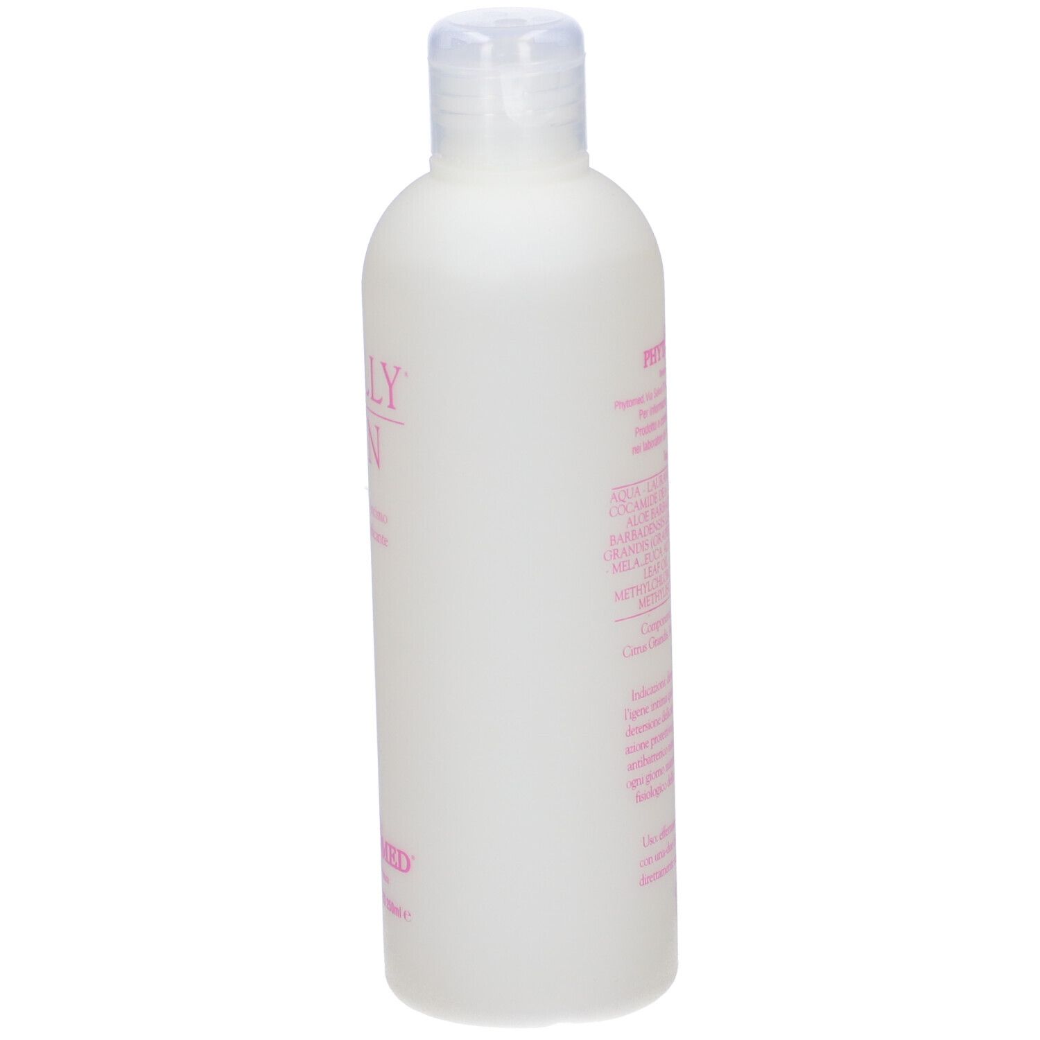 Flacone bianco con scritta rosa MOLLY GYN. Tappo trasparente. Nome del prodotto e logo.