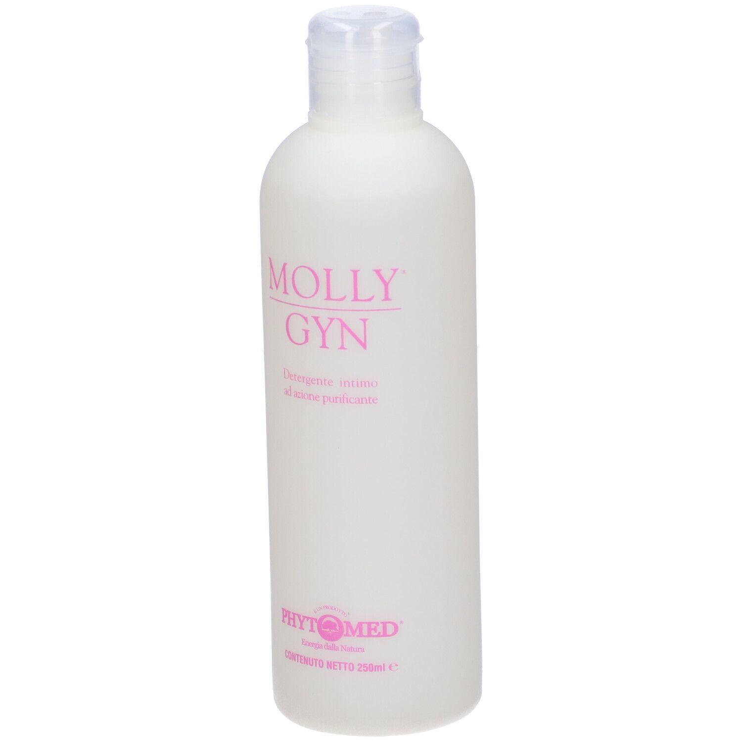 Flacone bianco con scritta rosa MOLLY GYN. Tappo trasparente. Nome del prodotto e logo.