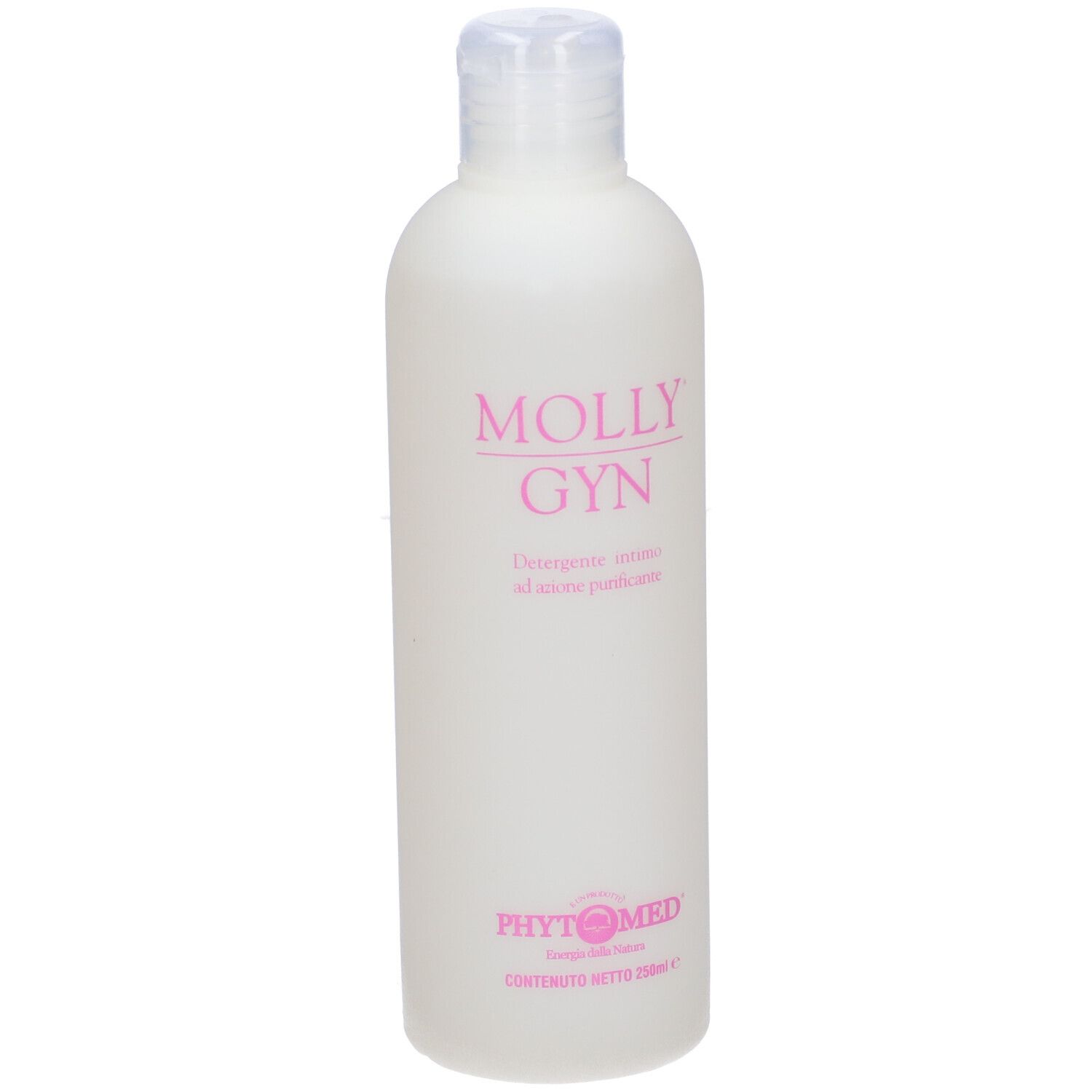 Flacone bianco con scritta rosa MOLLY GYN. Tappo trasparente. Nome del prodotto e logo.