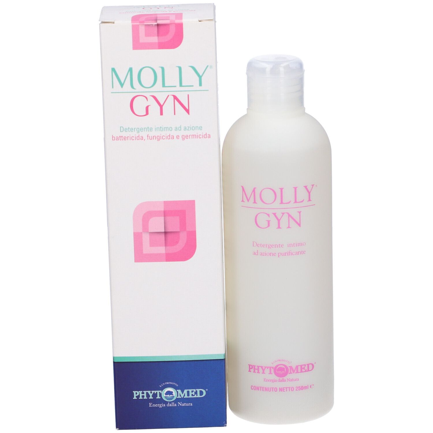 Flacone bianco e scatola con scritta rosa MOLLY GYN. Tappo trasparente. Nome del prodotto e logo.