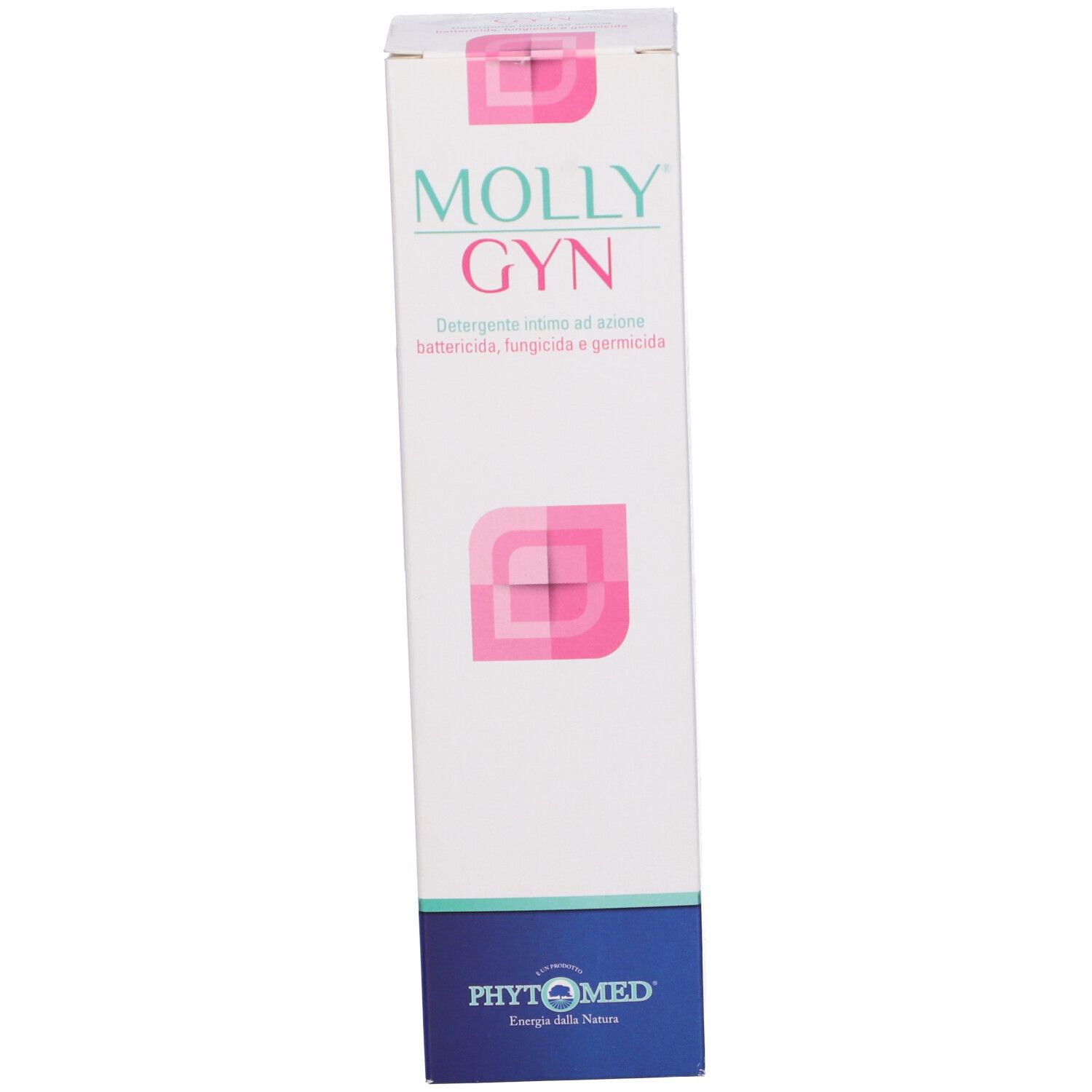 Scatola bianca con scritta rosa e verde MOLLY GYN. Base blu con logo. Nome del prodotto e logo.