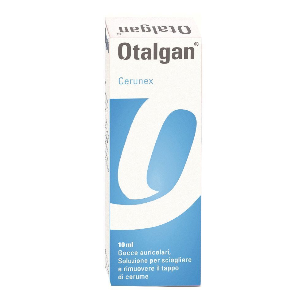 Scatola Otalgan Cerunex. Scritta Otalgan e Cerunex. Contiene 10 ml. Informazioni sul prodotto in italiano.