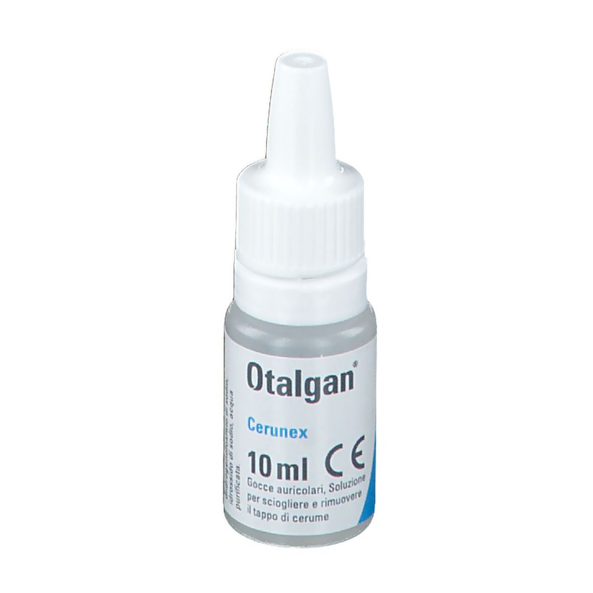 Flacone Otalgan Cerunex con contagocce. Scritta Otalgan e Cerunex. 10 ml. Marchio CE.