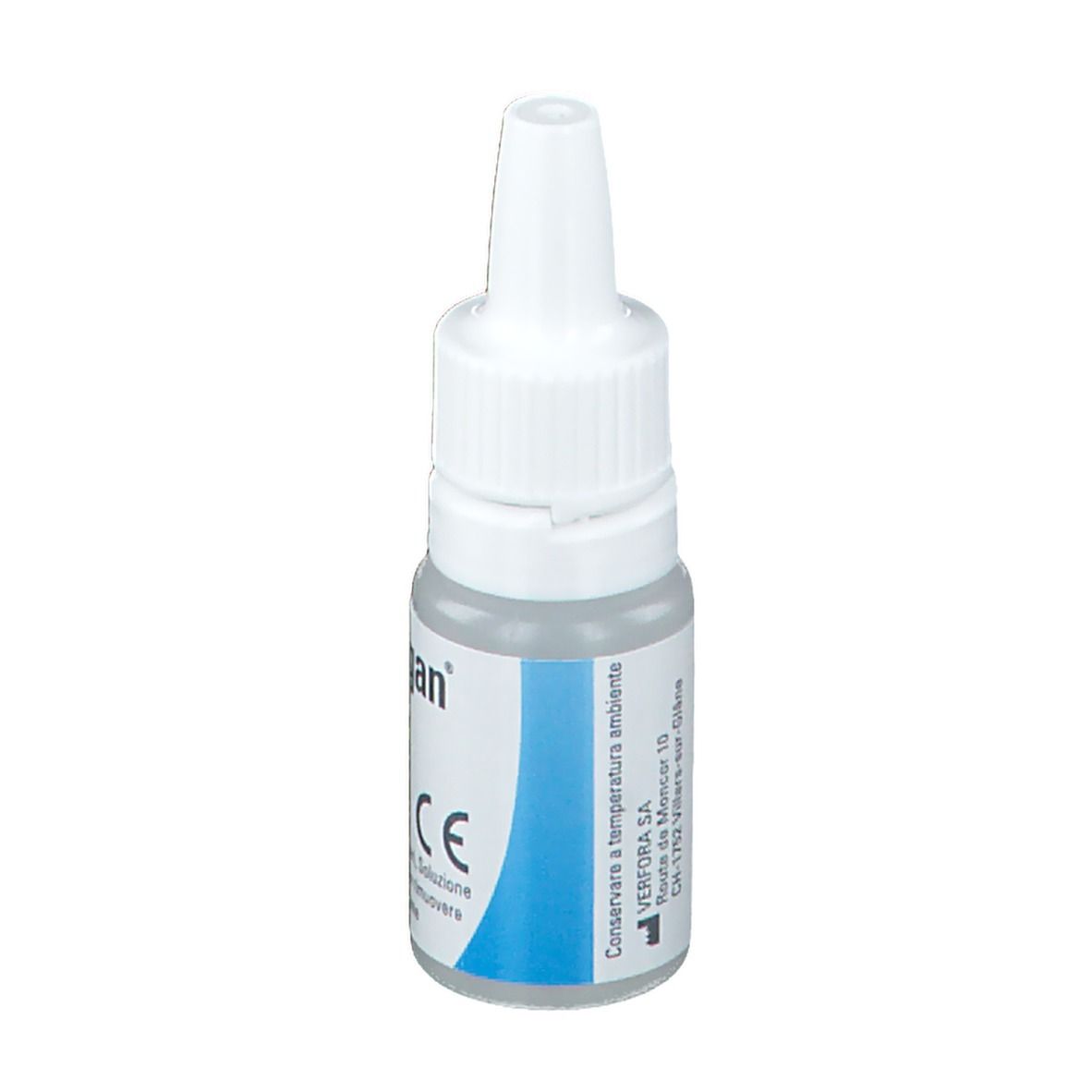 Flacone Otalgan Cerunex con contagocce. Scritta Otalgan e Cerunex. 10 ml. Marchio CE.