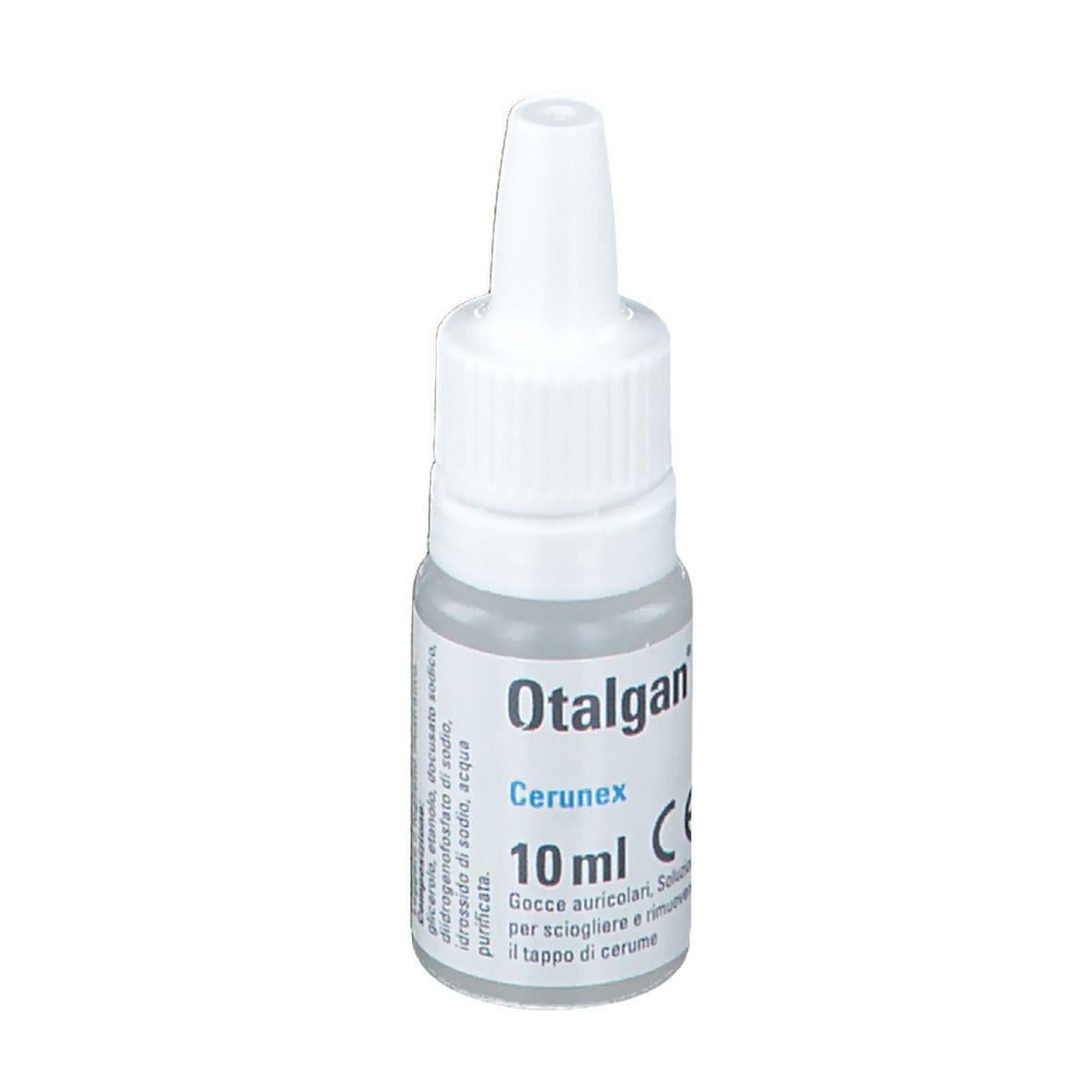 Flacone Otalgan Cerunex con contagocce. Scritta Otalgan e Cerunex. 10 ml. Marchio CE.