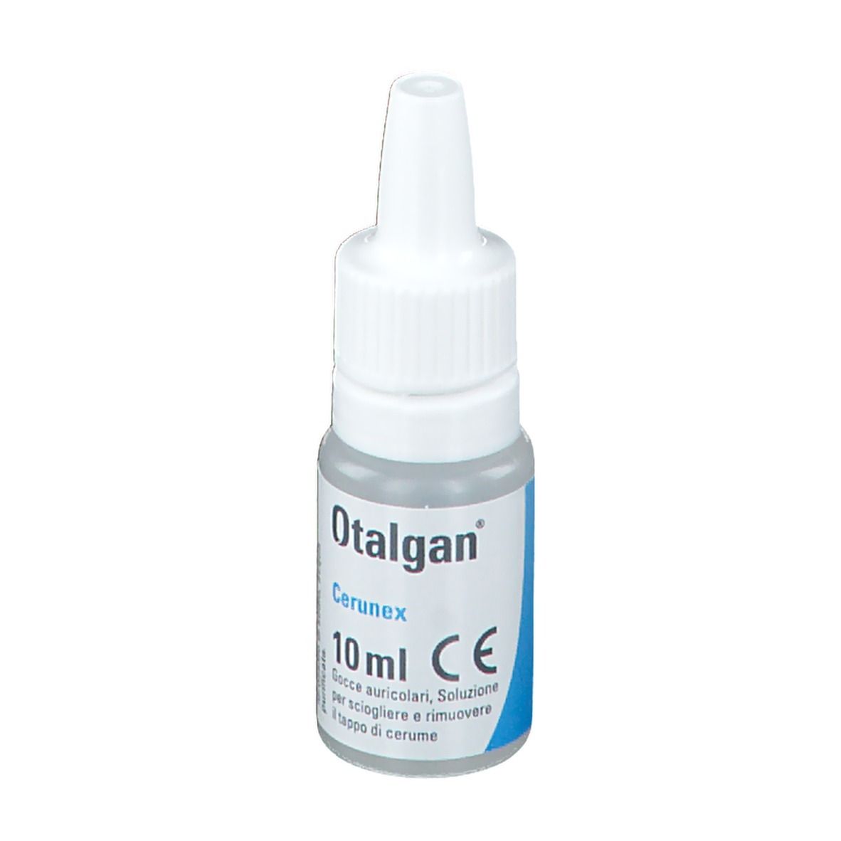 Flacone Otalgan Cerunex con contagocce. Scritta Otalgan e Cerunex. 10 ml. Marchio CE.