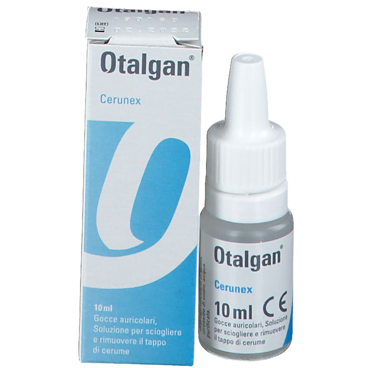 Flacone e scatola Otalgan Cerunex. Scritta Otalgan e Cerunex. 10 ml. Marchio CE.