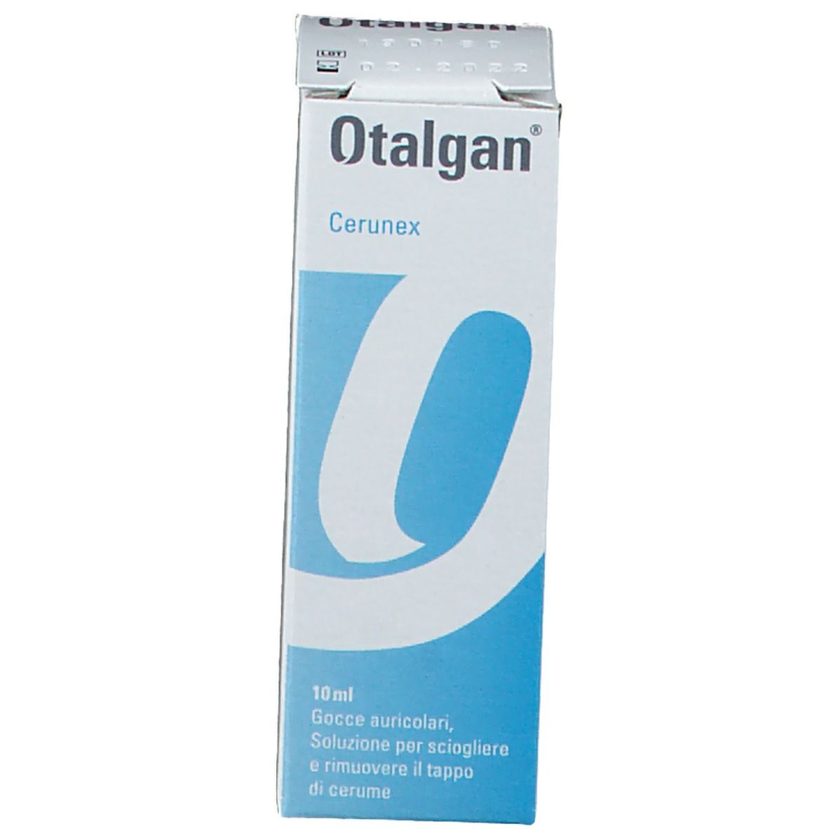 Scatola Otalgan Cerunex. Scritta Otalgan e Cerunex. Contiene 10 ml. Informazioni sul prodotto in italiano.