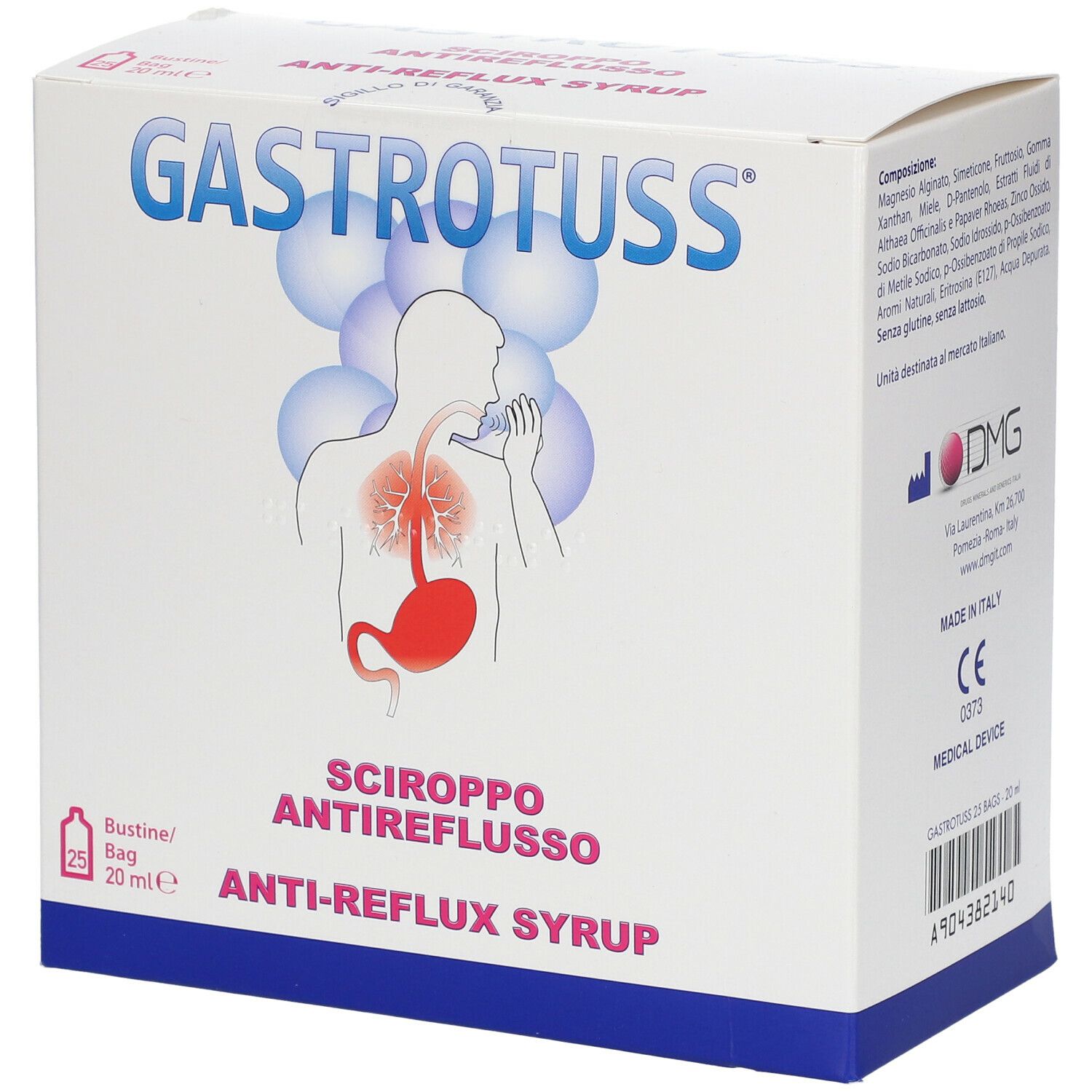 Scatola di 'Gastrotuss Sciroppo Antireflusso'. Contiene 25 bustine da 20 ml. Illustrazione dell'apparato digerente.