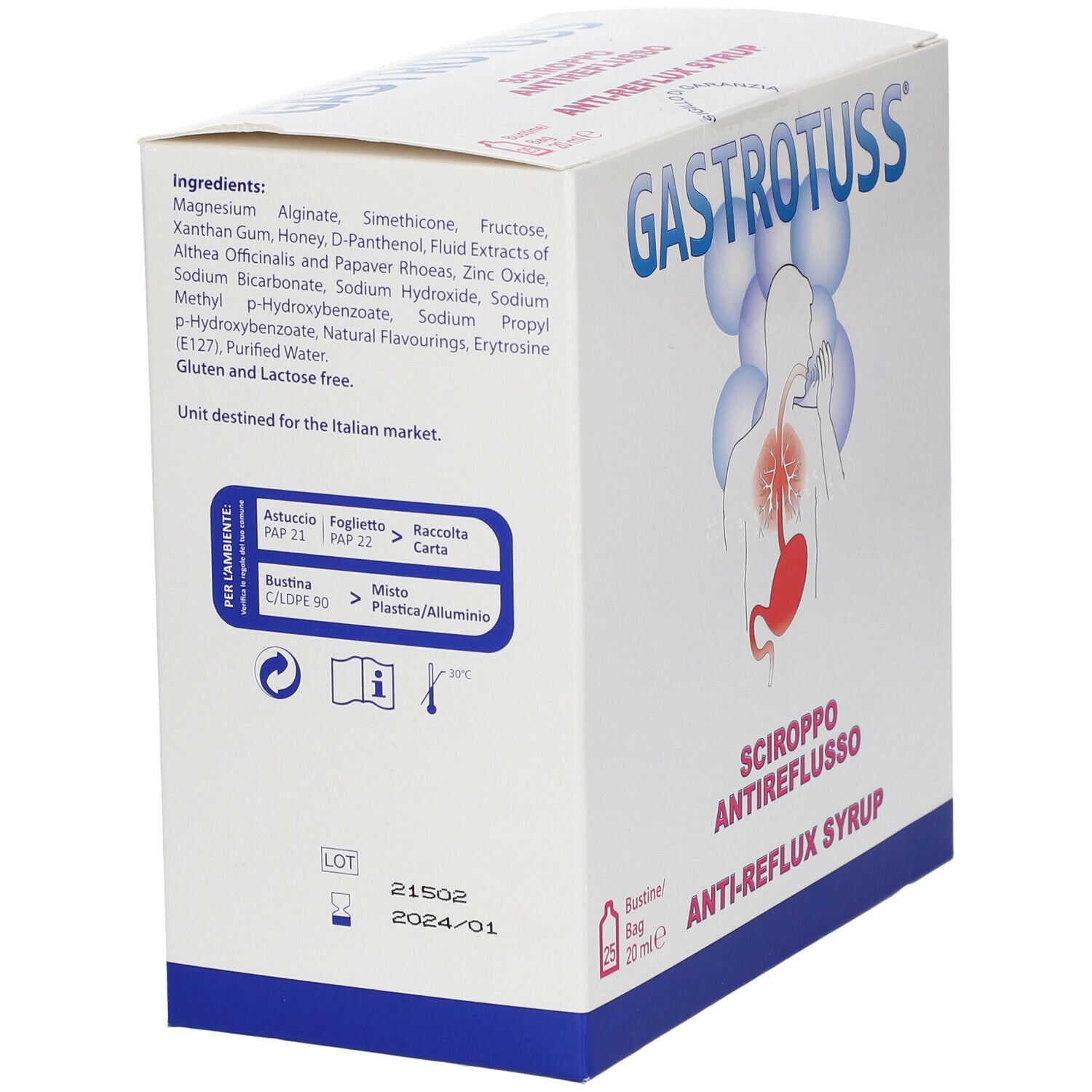 Scatola 'Gastrotuss Sciroppo Antireflusso' con elenco ingredienti. Contiene 25 bustine. Illustrazione apparato digerente.