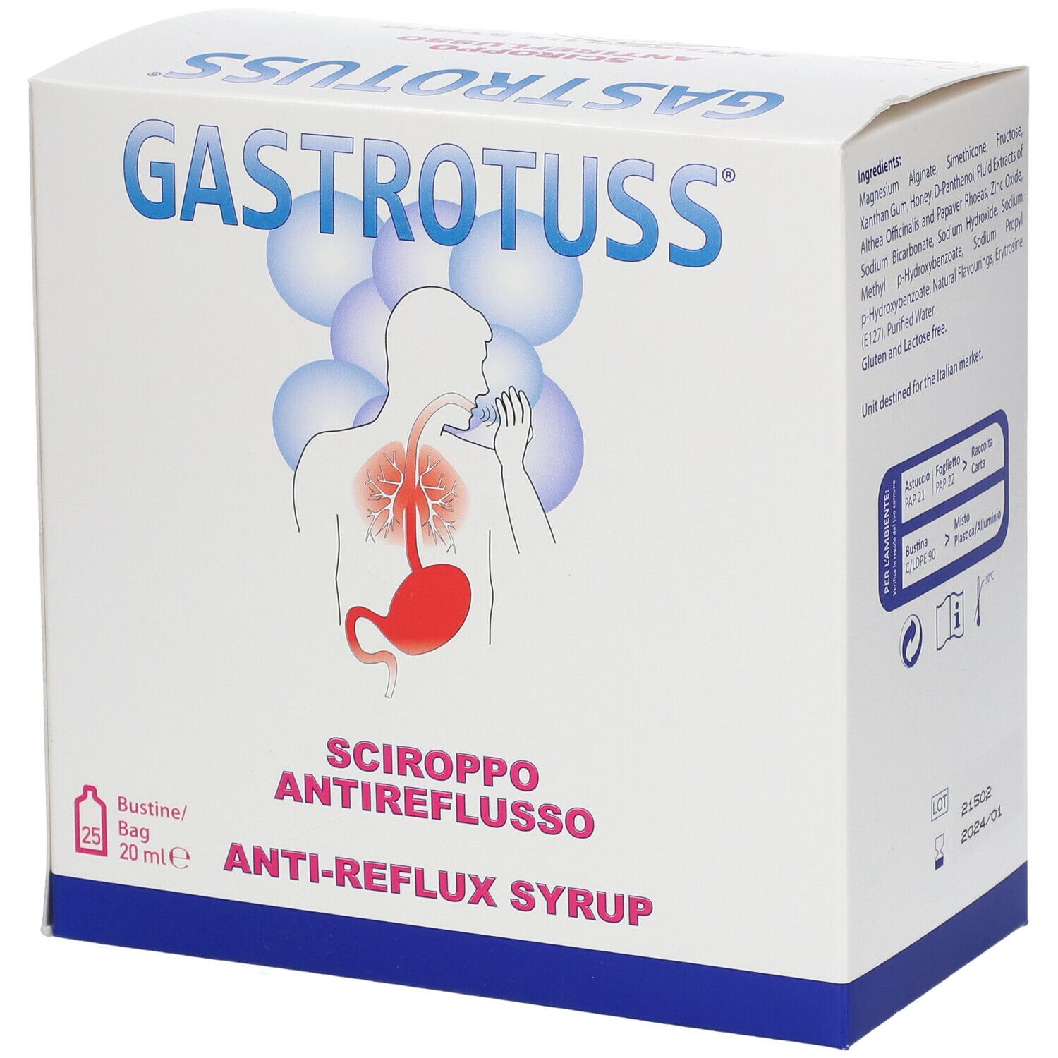 Scatola 'Gastrotuss Sciroppo Antireflusso'. Contiene 25 bustine. Illustrazione apparato digerente. Ingredienti sul retro.