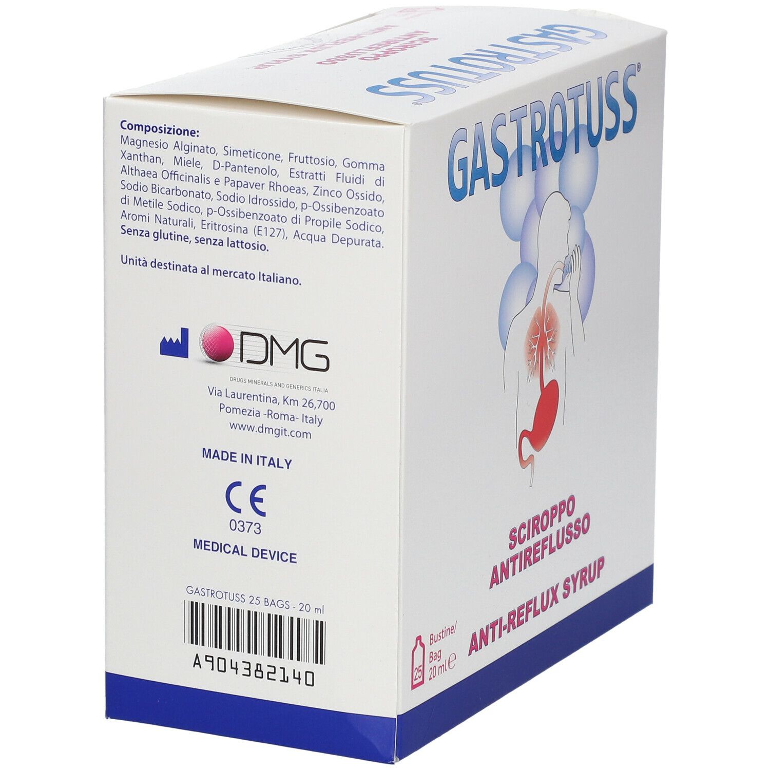 Scatola 'Gastrotuss Sciroppo Antireflusso'. Contiene 25 bustine da 20 ml. Dispositivo medico. Informazioni produttore.