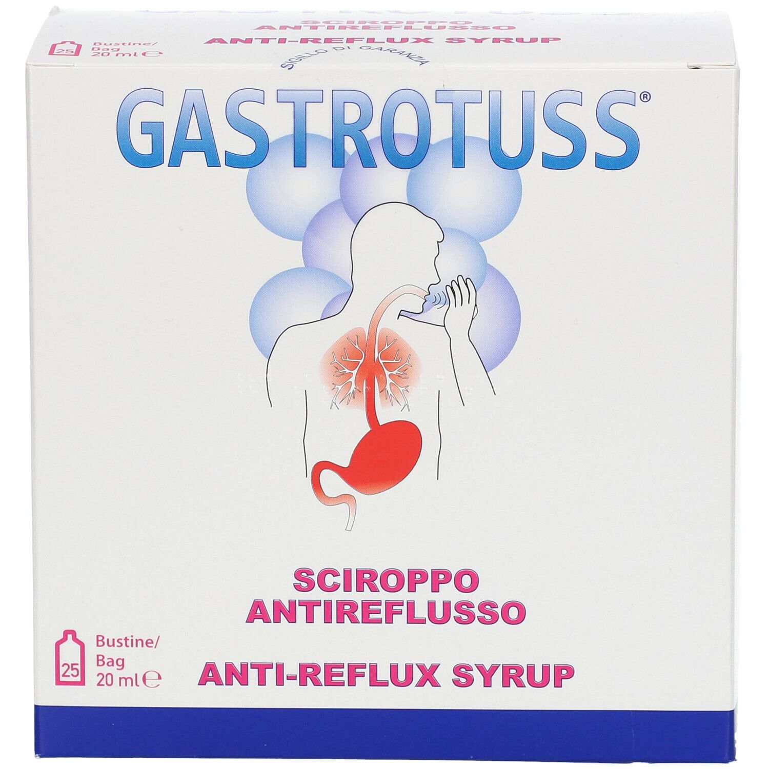 Scatola 'Gastrotuss Sciroppo Antireflusso'. Contiene 25 bustine da 20 ml. Illustrazione apparato digerente.