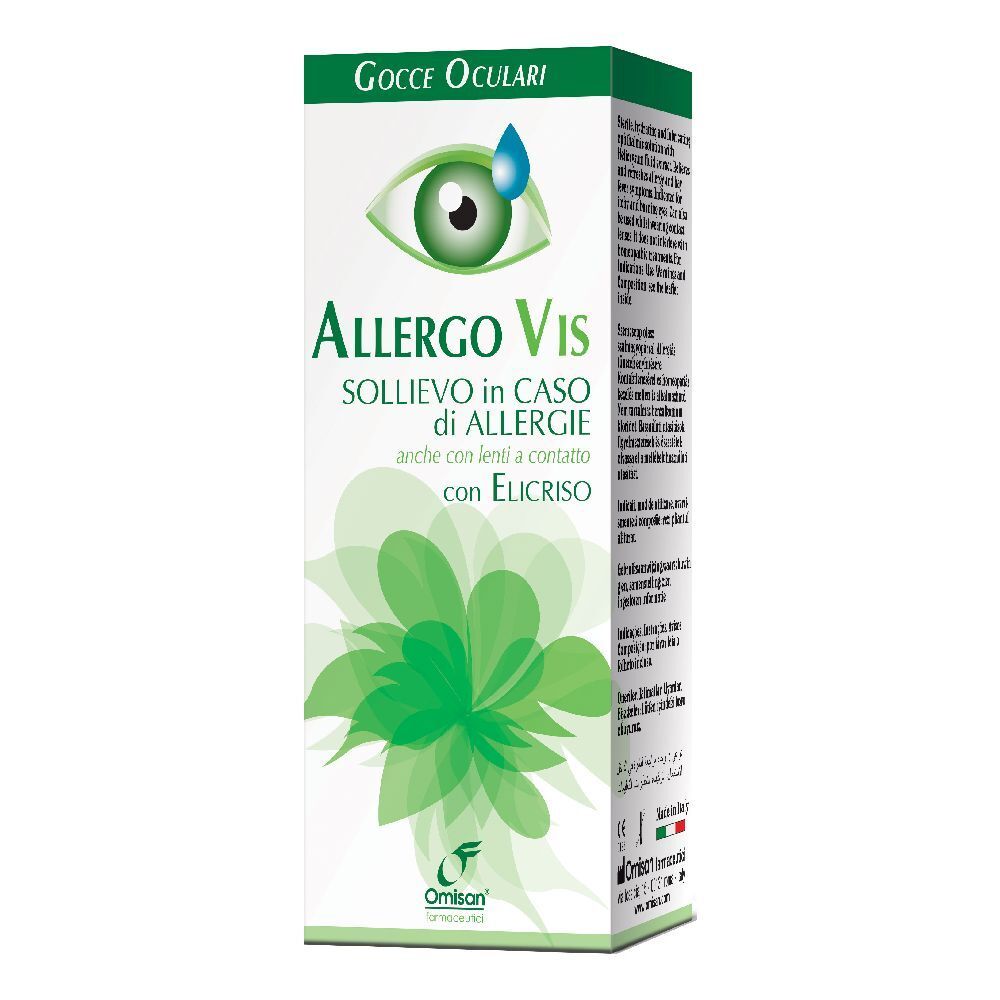 Scatola di AllergoVis. Scritte: AllergoVis, simbolo occhio, testo italiano. Design verde e bianco.