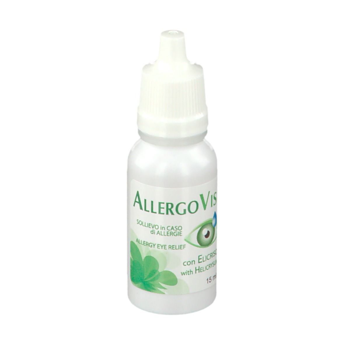 Flacone di collirio AllergoVis. Flacone bianco con tappo bianco. Scritta: AllergoVis, testo italiano.