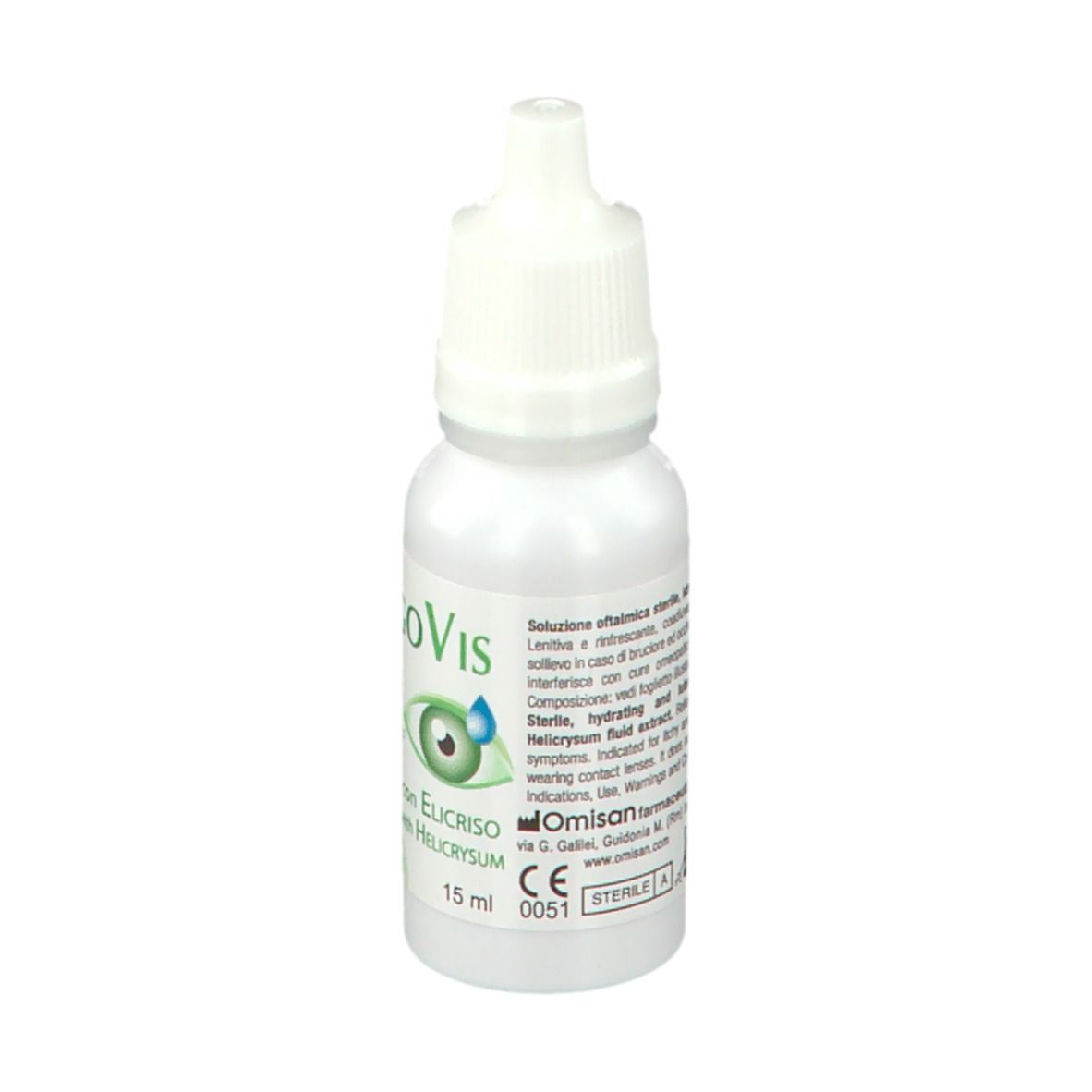 Flacone di collirio AllergoVis. Flacone bianco con tappo bianco. Scritta: AllergoVis, testo italiano, 15 ml.