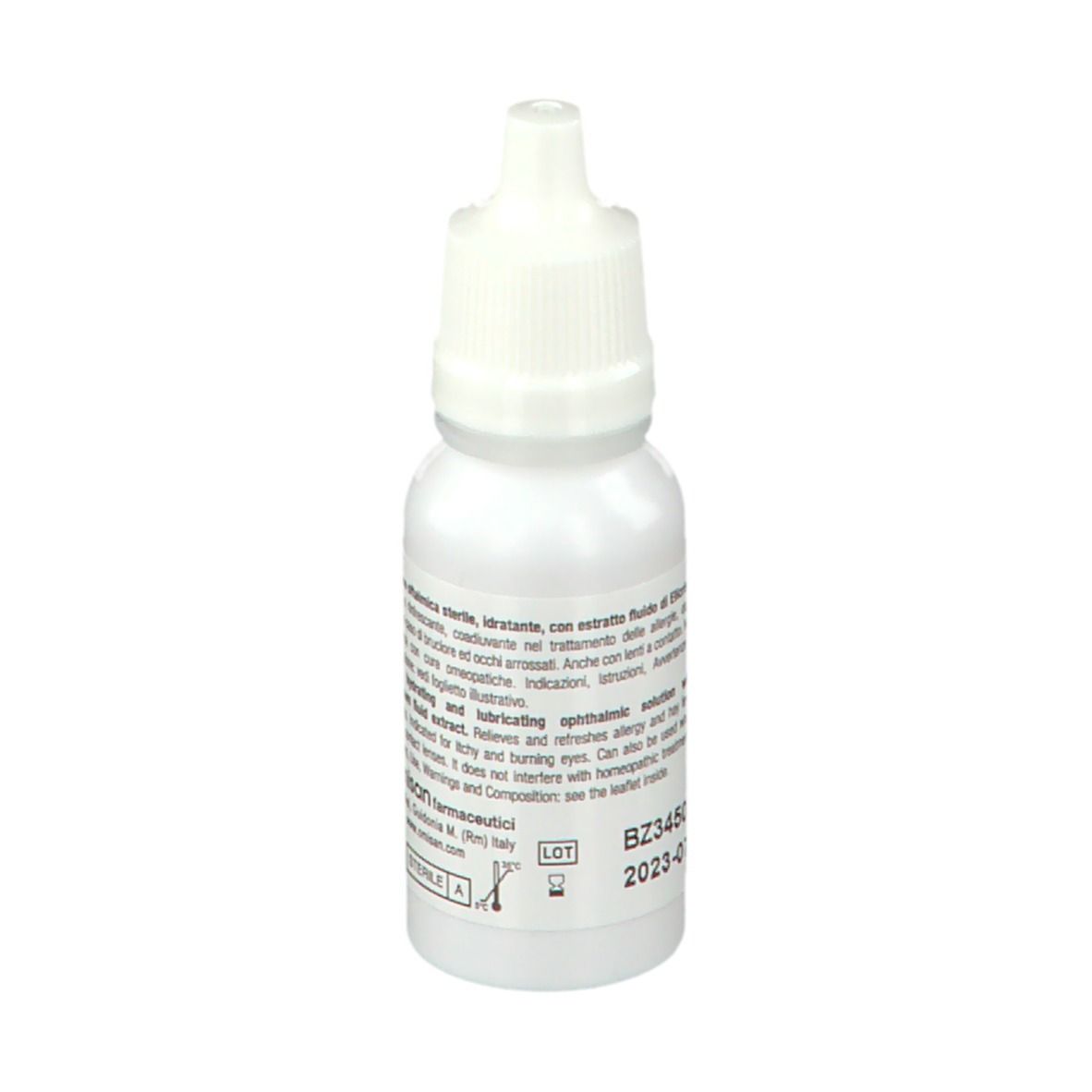 Flacone di collirio AllergoVis. Flacone bianco con tappo bianco. Scritta: AllergoVis, testo italiano, 15 ml.