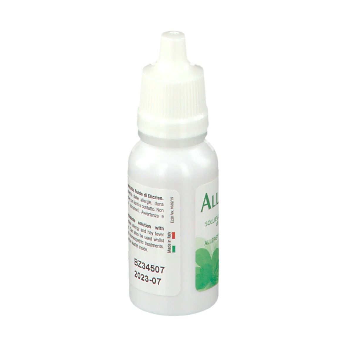 Flacone di collirio AllergoVis. Flacone bianco con tappo bianco. Scritta: AllergoVis, testo italiano, 15 ml.