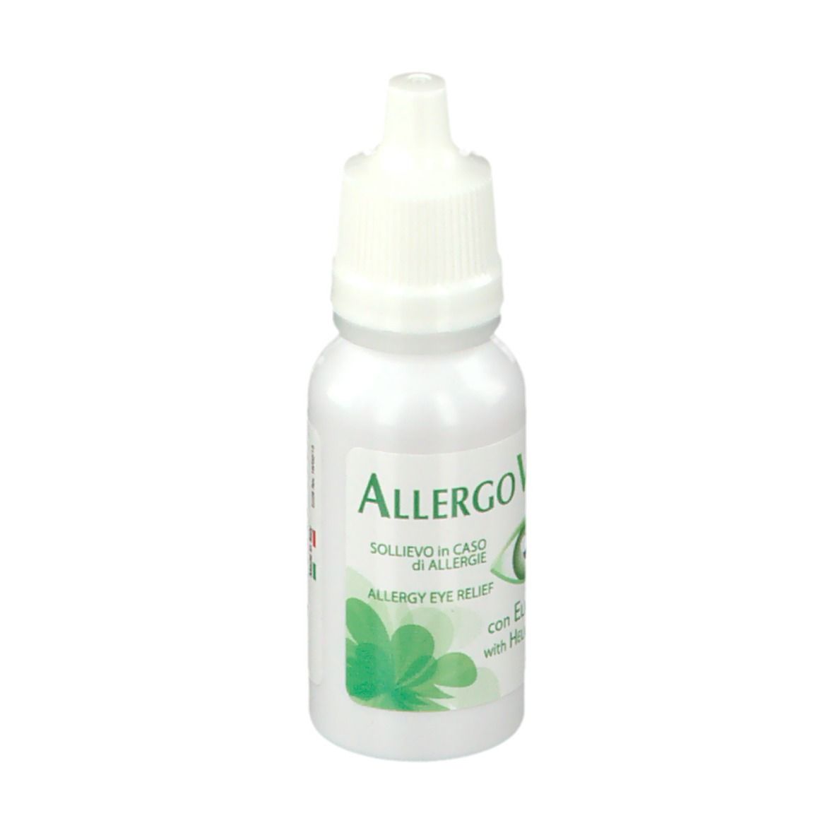 Flacone di collirio AllergoVis. Flacone bianco con tappo bianco. Scritta: AllergoVis, testo italiano, 15 ml.