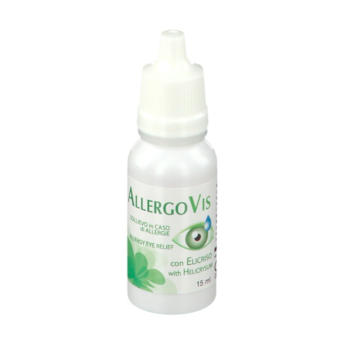 Flacone di collirio AllergoVis. Flacone bianco con tappo bianco. Scritta: AllergoVis, testo italiano, 15 ml.
