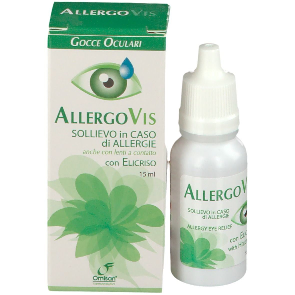 Flacone e scatola di collirio AllergoVis. Flacone e scatola con scritte. Testo italiano. 15 ml.