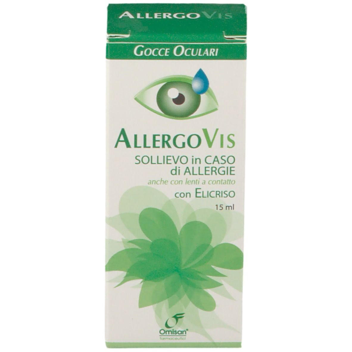 Scatola di collirio AllergoVis. Scritte: AllergoVis, simbolo occhio, testo italiano. Design verde e bianco. 15 ml.