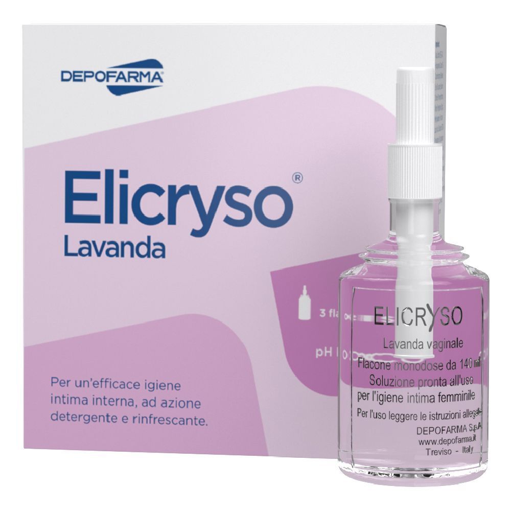 Confezione e flacone di Elicryso Lavanda. Flacone con applicatore. Marchio Depofarma. Testo in italiano.