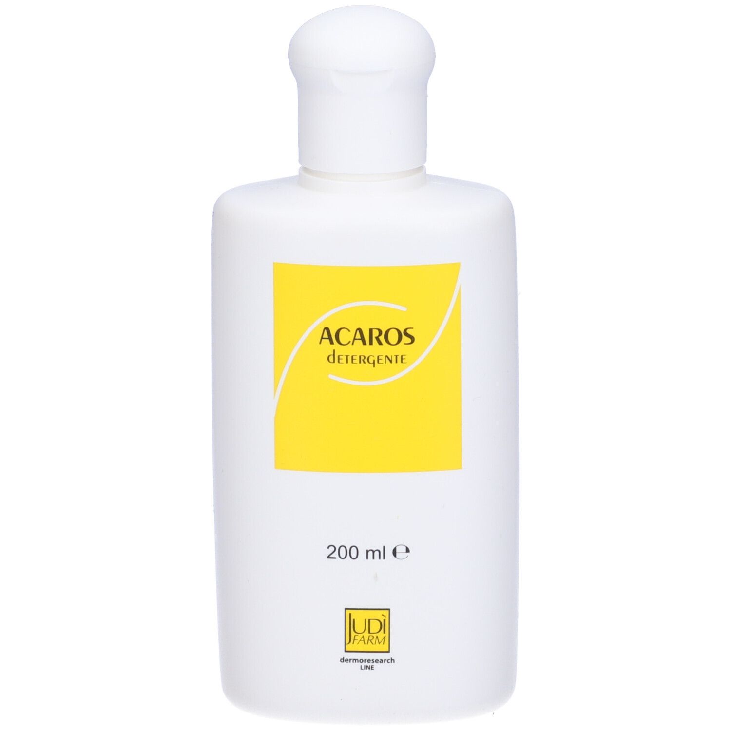 Flacone bianco con etichetta gialla. Scritta: Acaros Detergente, 200 ml. Marchio: UDI FARM.
