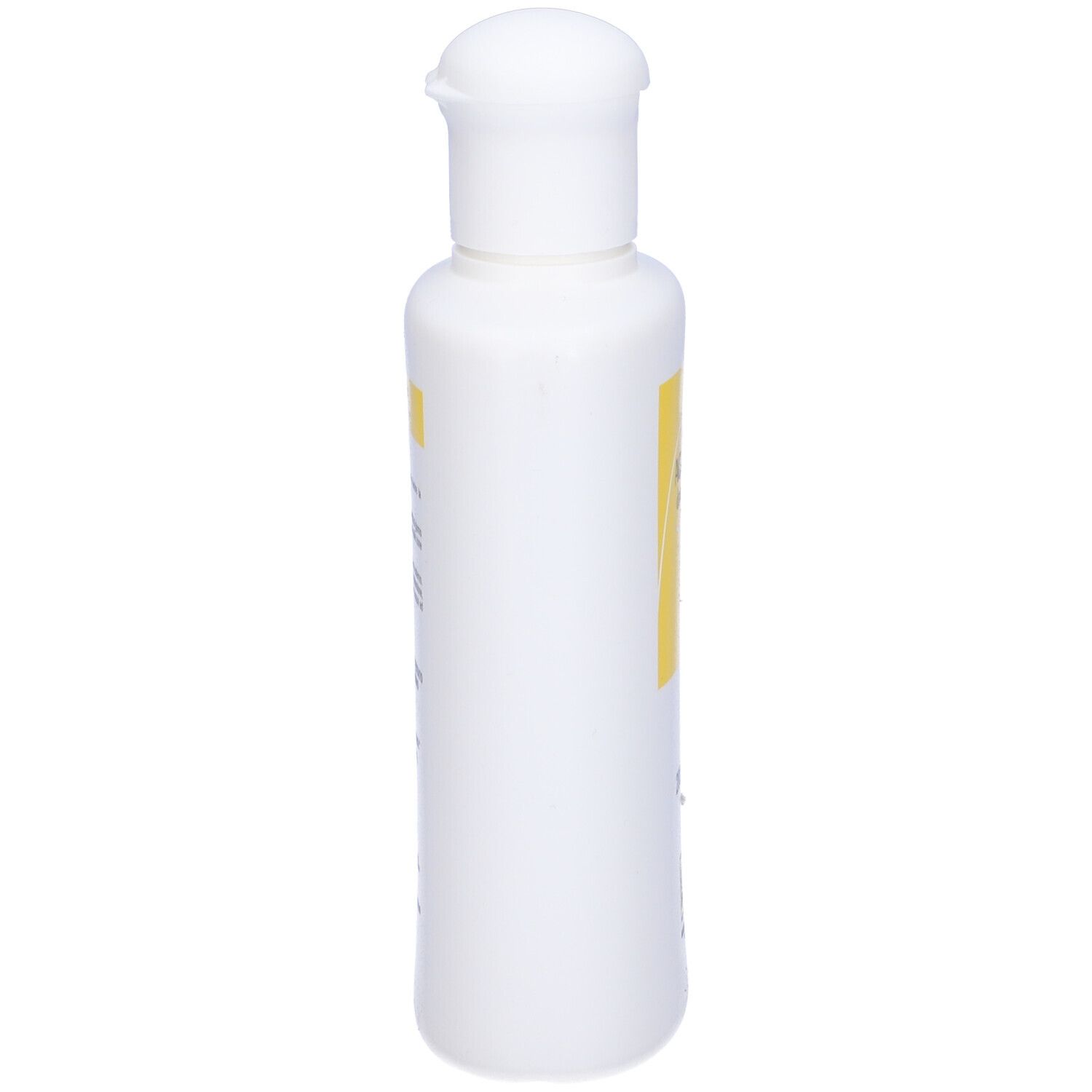 Flacone bianco con etichetta gialla. Scritta illeggibile. Flacone con tappo bianco.