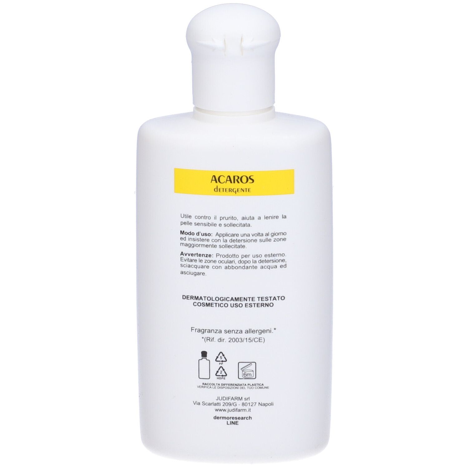Flacone bianco con etichetta gialla. Scritta: Acaros Detergente. Retro con testo.