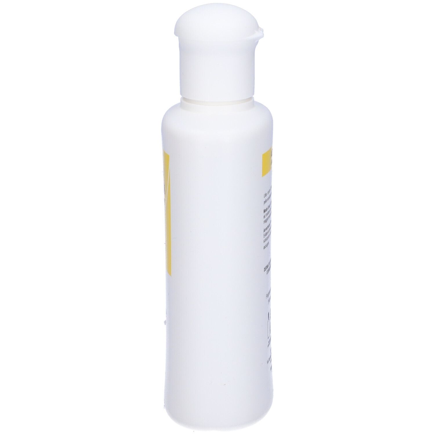 Flacone bianco con etichetta gialla. Scritta illeggibile. Flacone con tappo bianco.