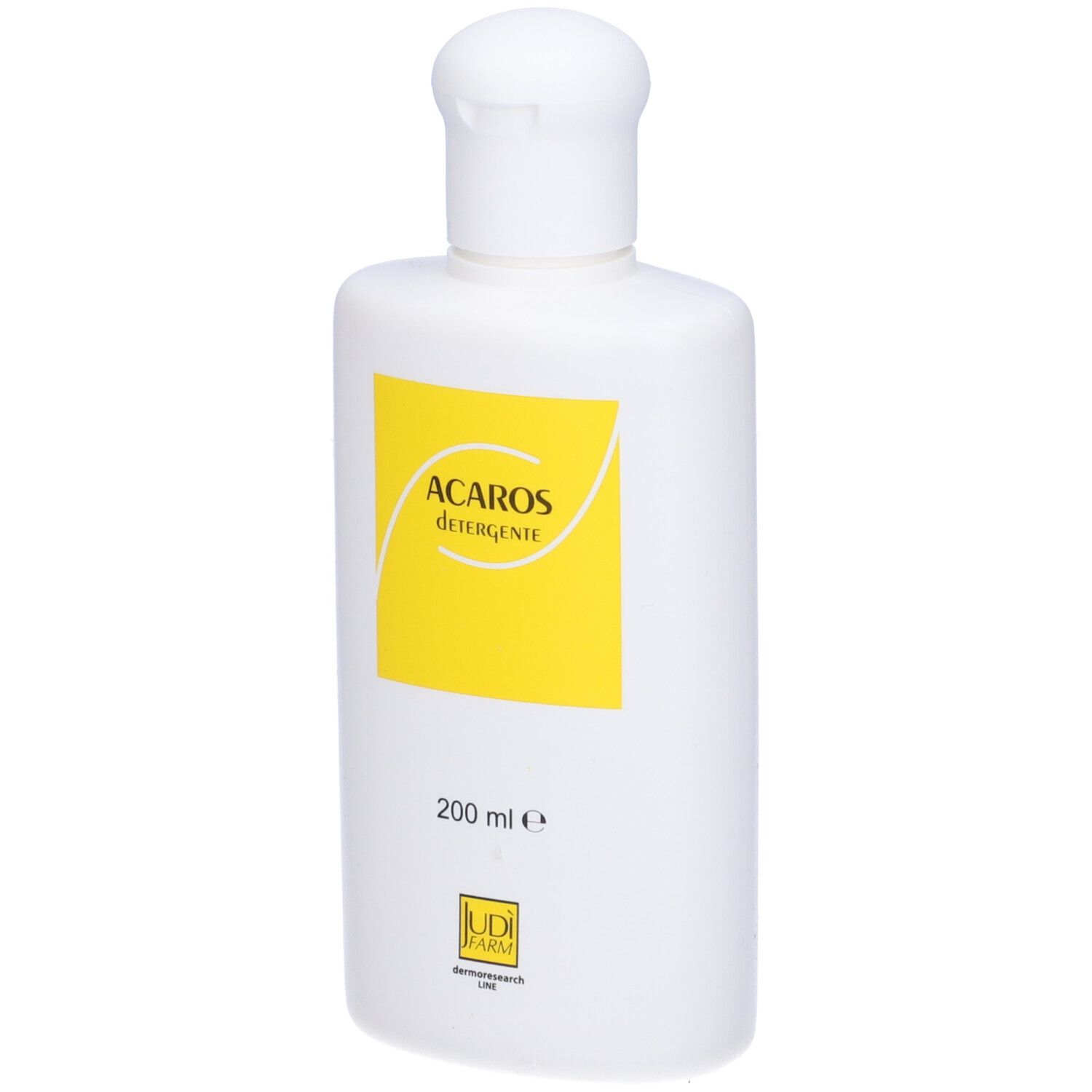 Flacone bianco con etichetta gialla. Scritta: Acaros Detergente, 200 ml. Marchio: UDI FARM.