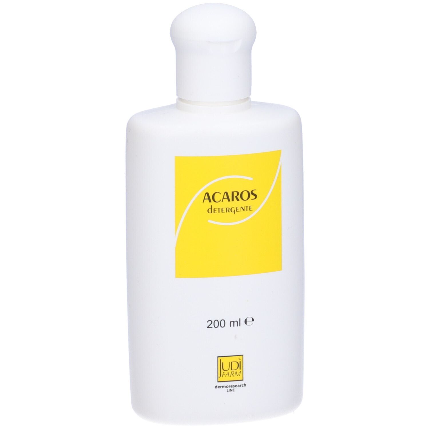 Flacone bianco con etichetta gialla. Scritta: Acaros Detergente, 200 ml. Marchio: UDI FARM.