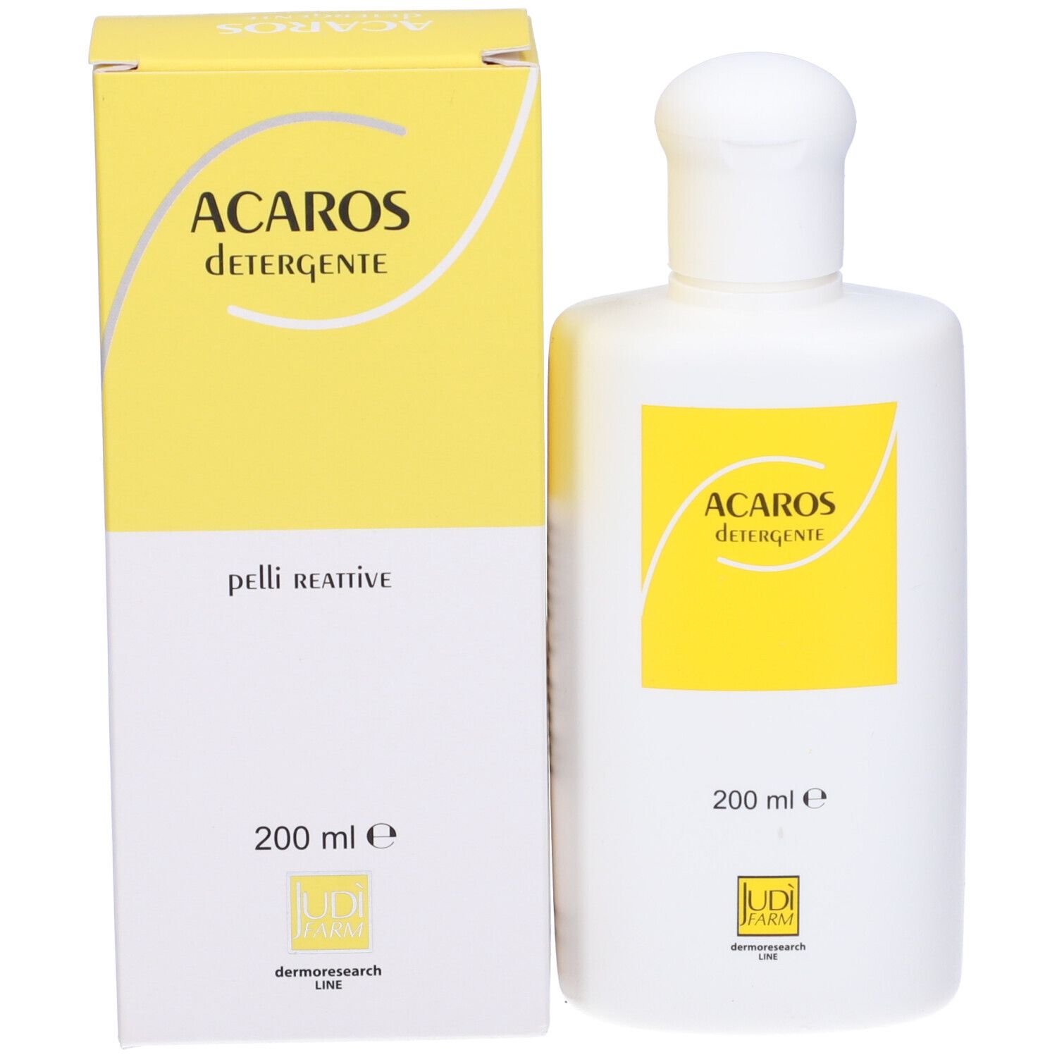 Flacone bianco e confezione gialla. Scritta: Acaros Detergente, 200 ml. Per pelli reattive.