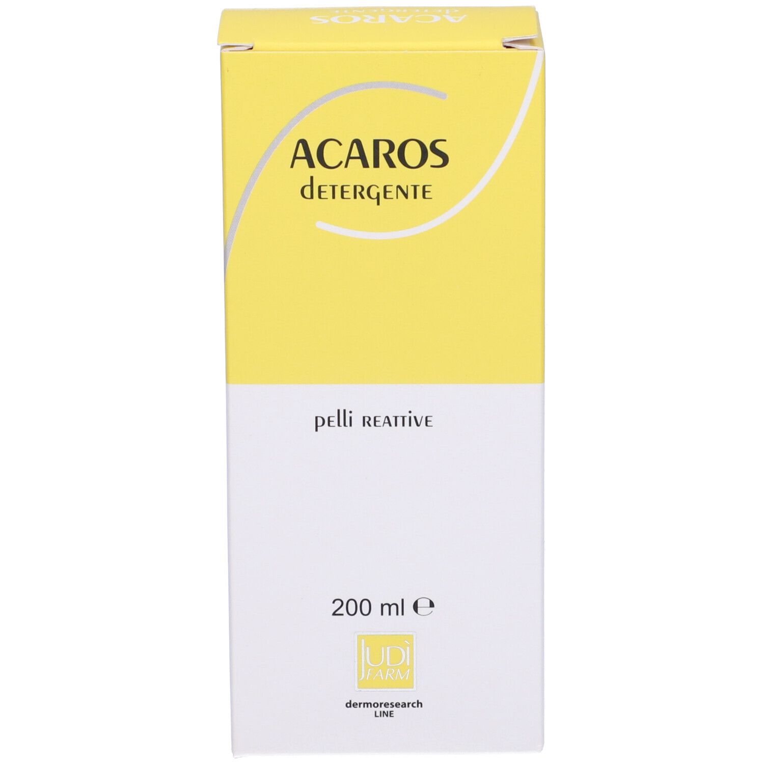 Confezione gialla con scritta: Acaros Detergente, 200 ml. Per pelli reattive.