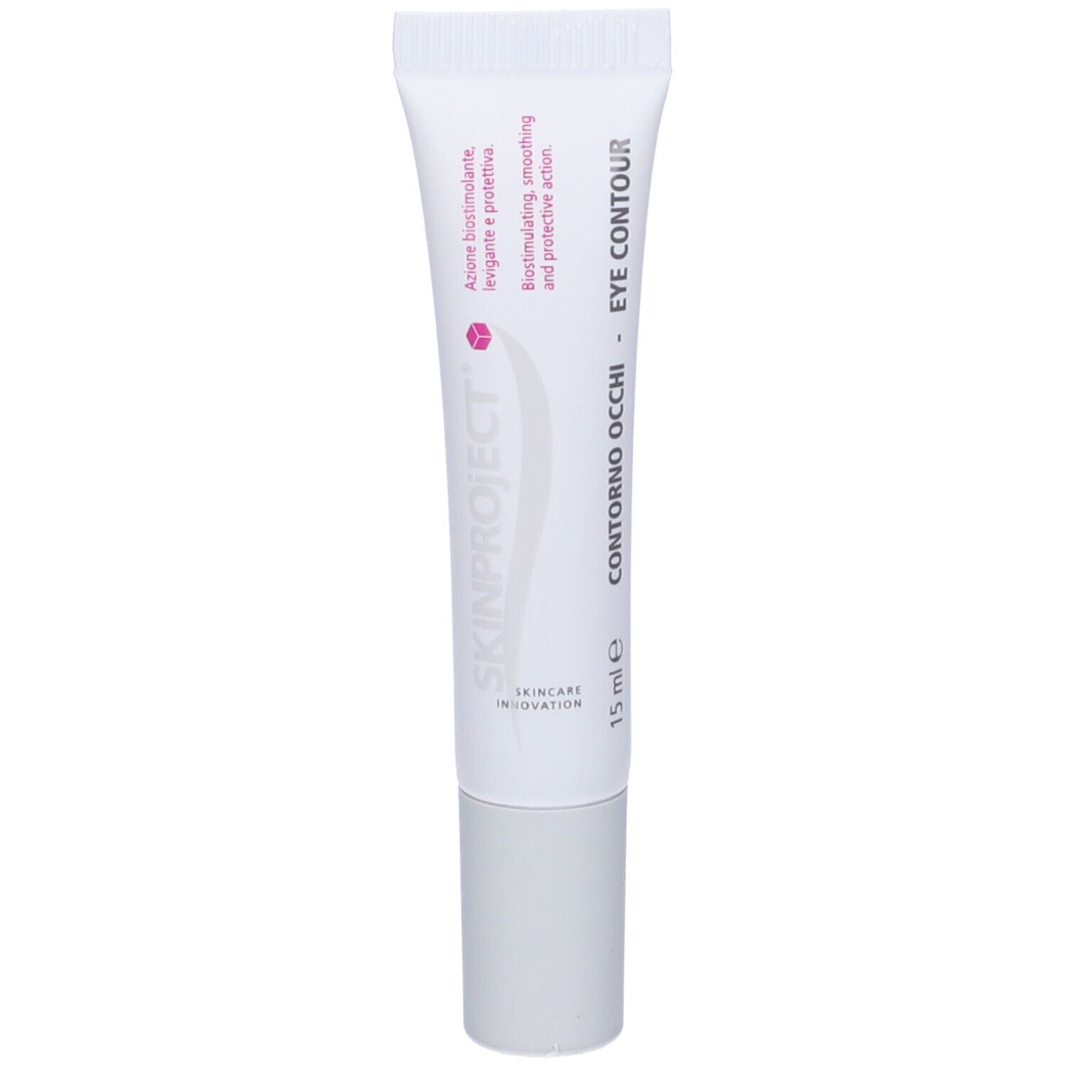 Tubo bianco con tappo grigio. Stampato: SKINPROJECT, Contorno Occhi, EYE CONTOUR, 15 ml.