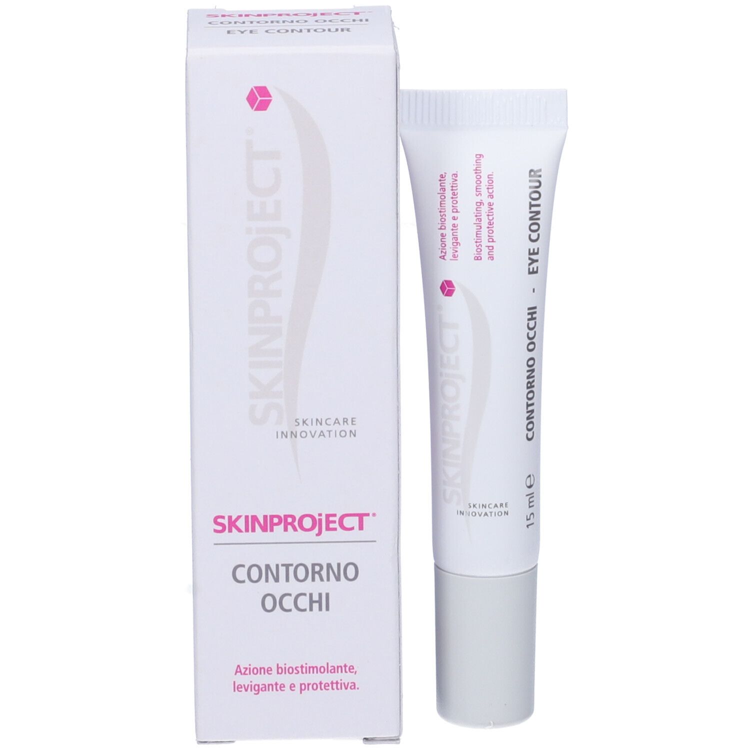 Prodotto e scatola. Sulla scatola c'è scritto SKINPROJECT, Contorno Occhi, EYE CONTOUR, 15 ml.