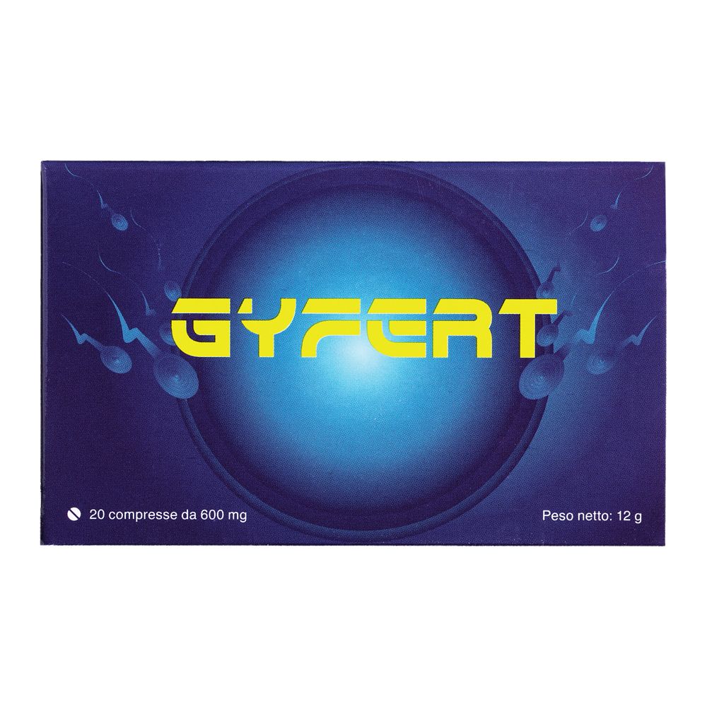 Scatola GyFert, 20 compresse da 600 mg, peso netto 12 g. Sfondo blu con illustrazioni di spermatozoi. Scritta del nome del prodotto in verde.