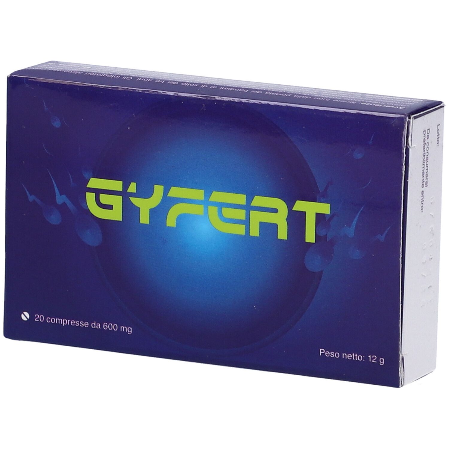 Scatola GyFert, sfondo blu con spermatozoi. Scritta: 20 compresse da 600 mg, peso netto 12 g. Nome del prodotto in verde.