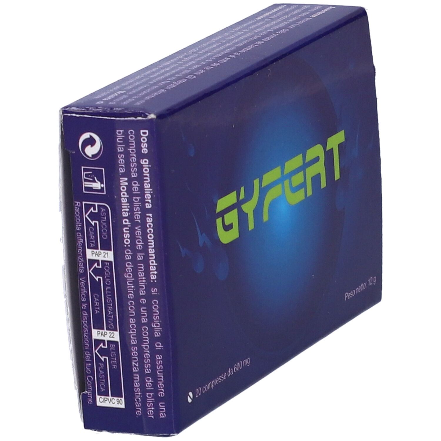 Scatola GyFert, blu, testo e spermatozoi. Scritta: 20 compresse da 600 mg. Nome del prodotto in verde. Vista laterale.