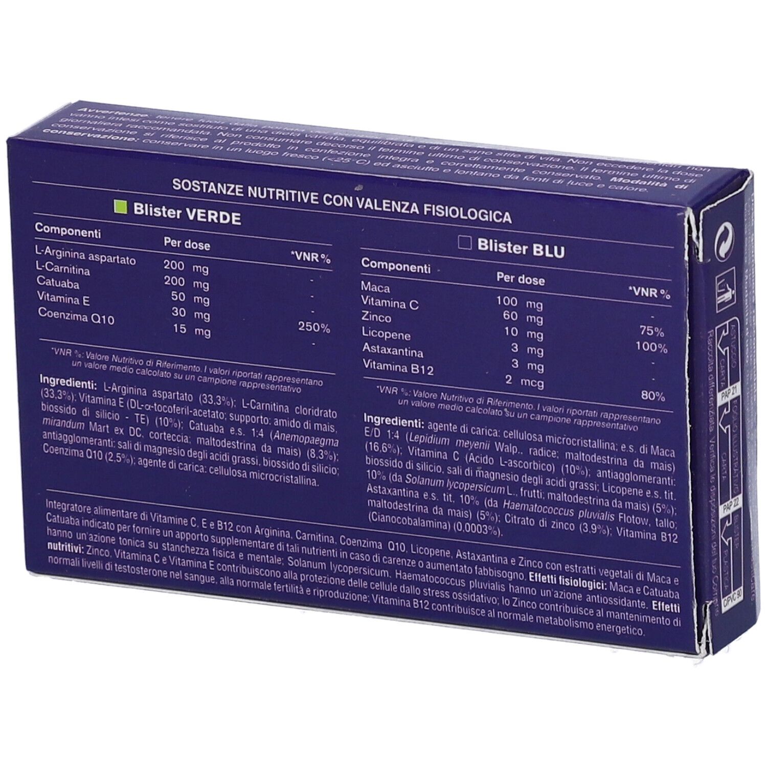 Retro della scatola GyFert. Contiene informazioni sugli ingredienti e i valori nutrizionali. Sfondo blu.