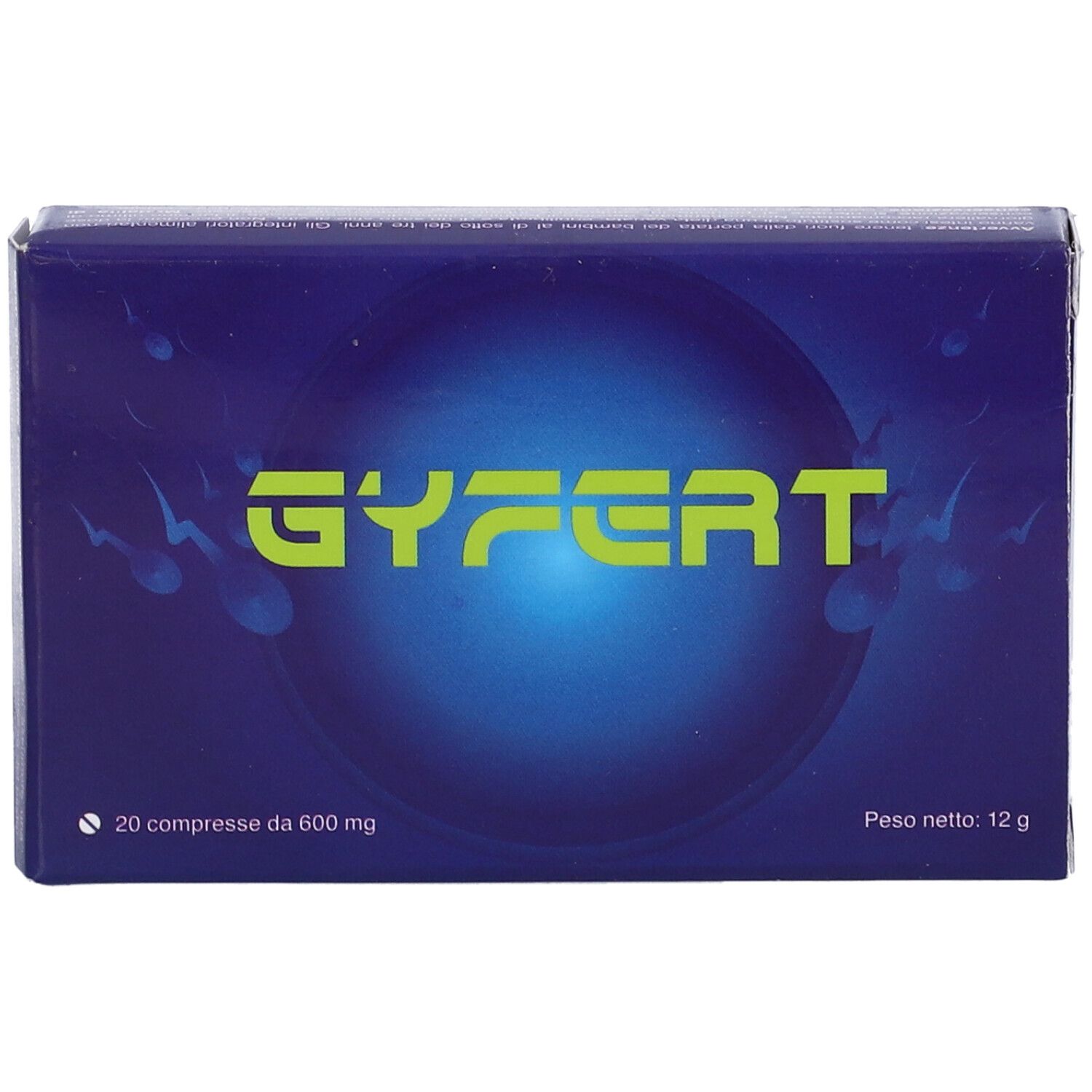 Scatola GyFert, blu con spermatozoi. Scritta: 20 compresse da 600 mg, peso netto 12 g. Nome del prodotto in verde.